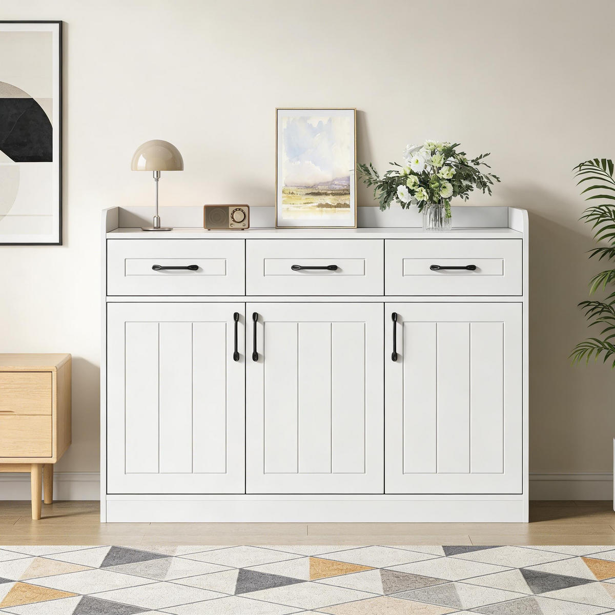 SIDEBOARD se zásuvkami a nastavitelnými policemi, strukturované čelo, vzhled dřeva, všestranný, MDF - bílá, kompozitní dřevo (120/80/35cm) - EVRYAE