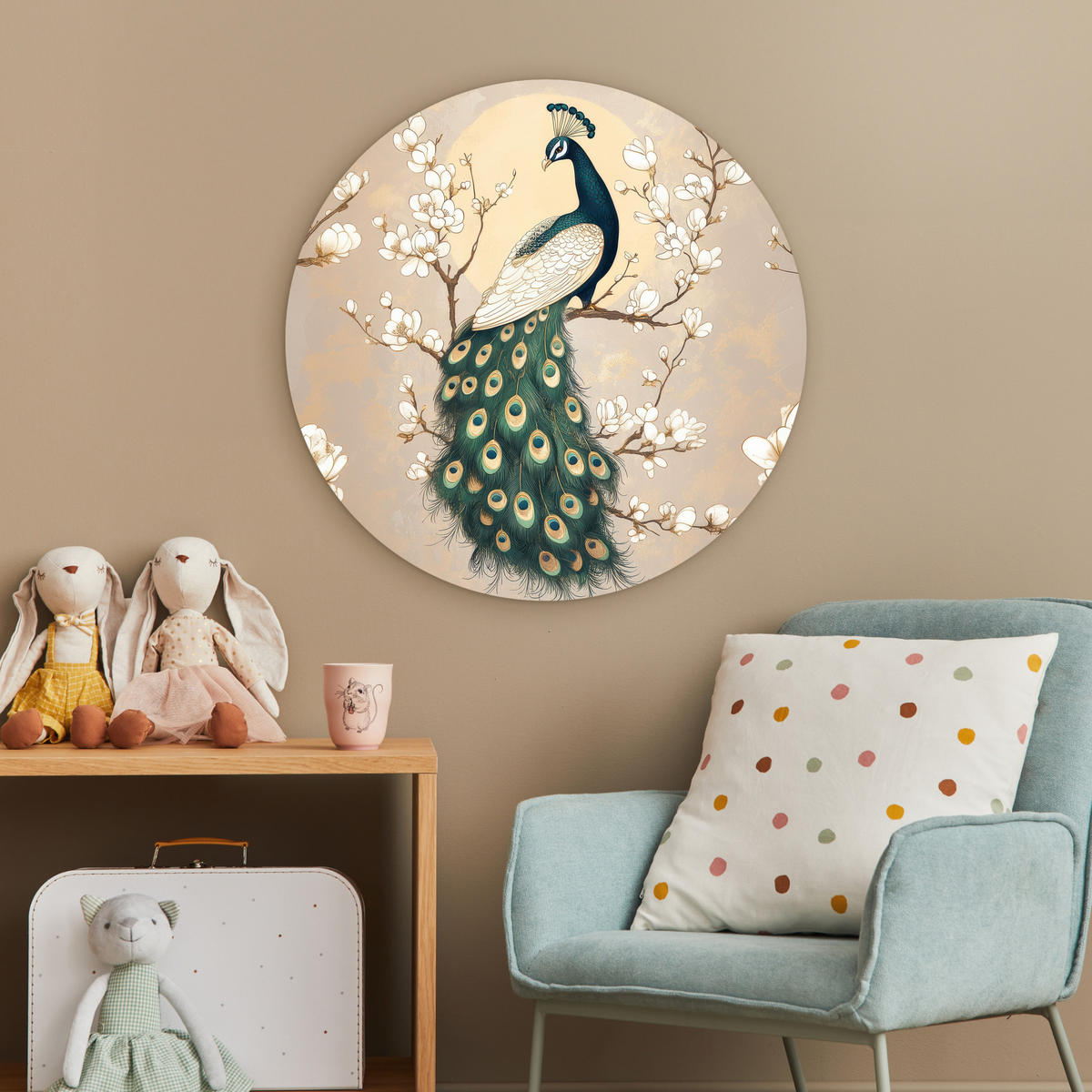 WANDBILD Pfau - Zweig - Blumen 60x60 cm - Champagner, Kunststoff (60/60cm) - MuchoWow