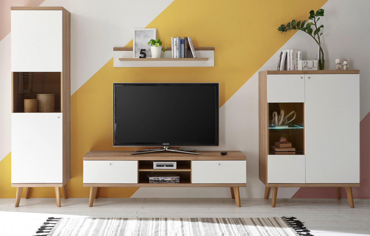 WOHNWAND weiß Eiche Riviera, Schrankwand skandinavisch 4-teilig 320 x 197 cm - Eichefarben/Weiß, Holzwerkstoff/Metall (320/197/40cm)