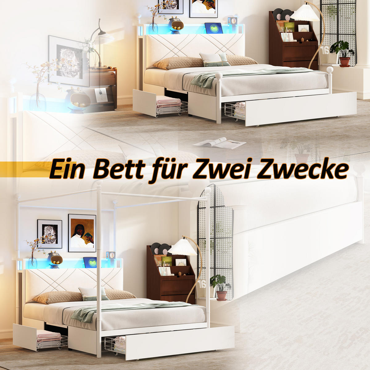POSTEL s nebesy 140/190 cm bílá z kovu s LED osvětlením USB/Type-C a úložným prostorem - bílá, kov (140/190cm) - OKWISH