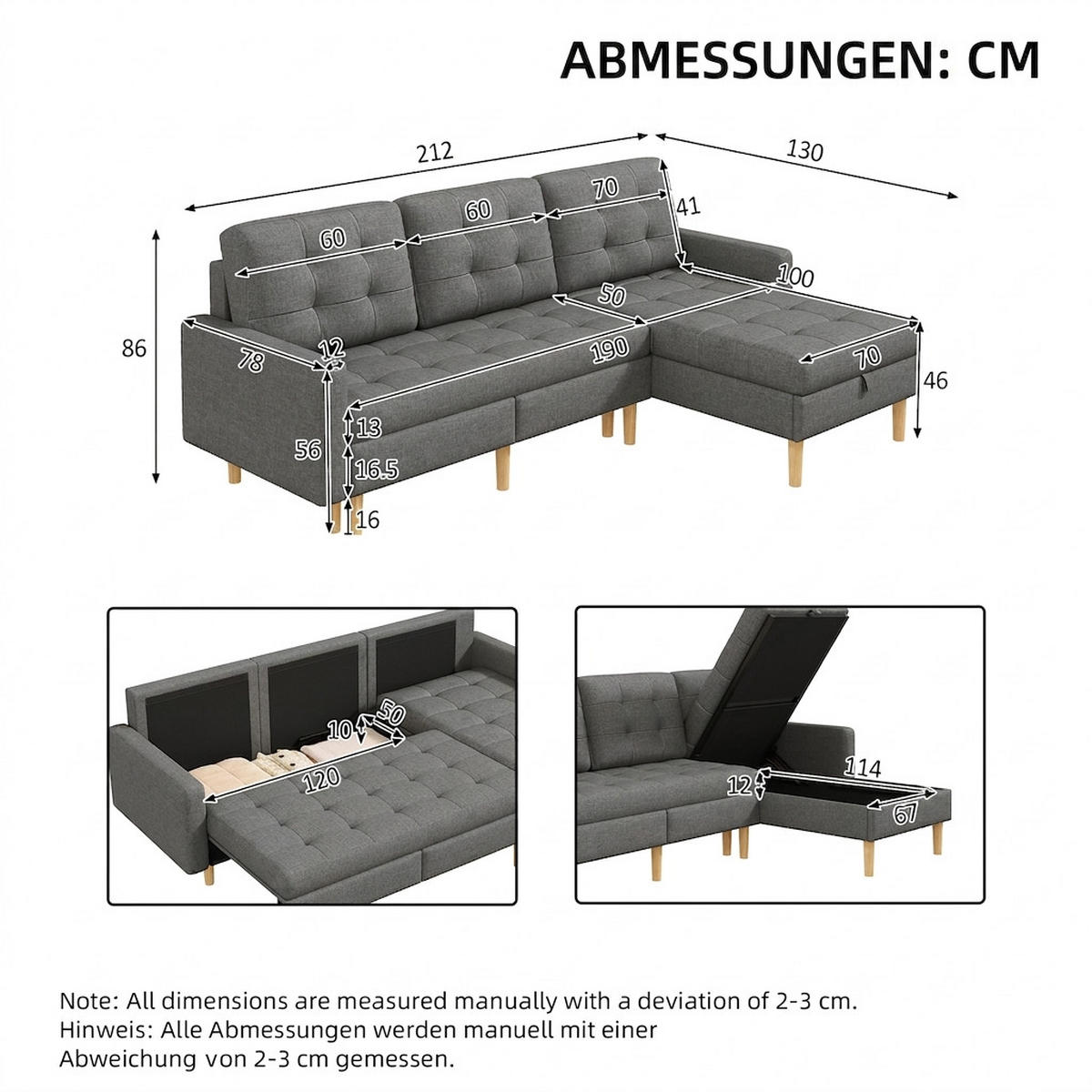 ECKSOFA 212/130/86 cm Grau mit Stauraum und wechselbare Chaiselongue - Grau, Textil (212/130cm) - Oxeza