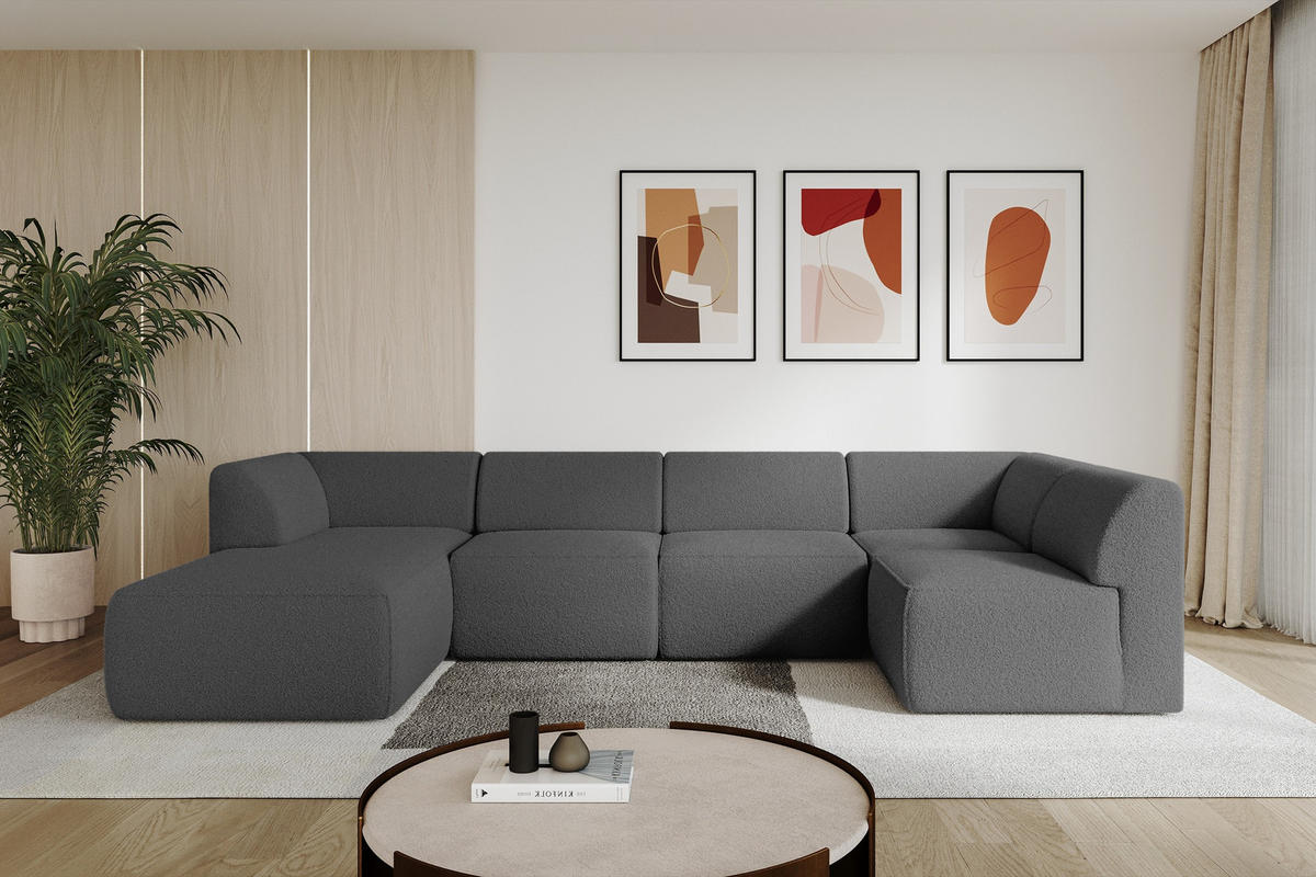 WOHNLANDSCHAFT Ottomane Links MOVA 345x180x78 Grau Bouclé - Schieferfarben/Schwarz, Holzwerkstoff/Kunststoff (180/78/345cm) - ALTDECOR