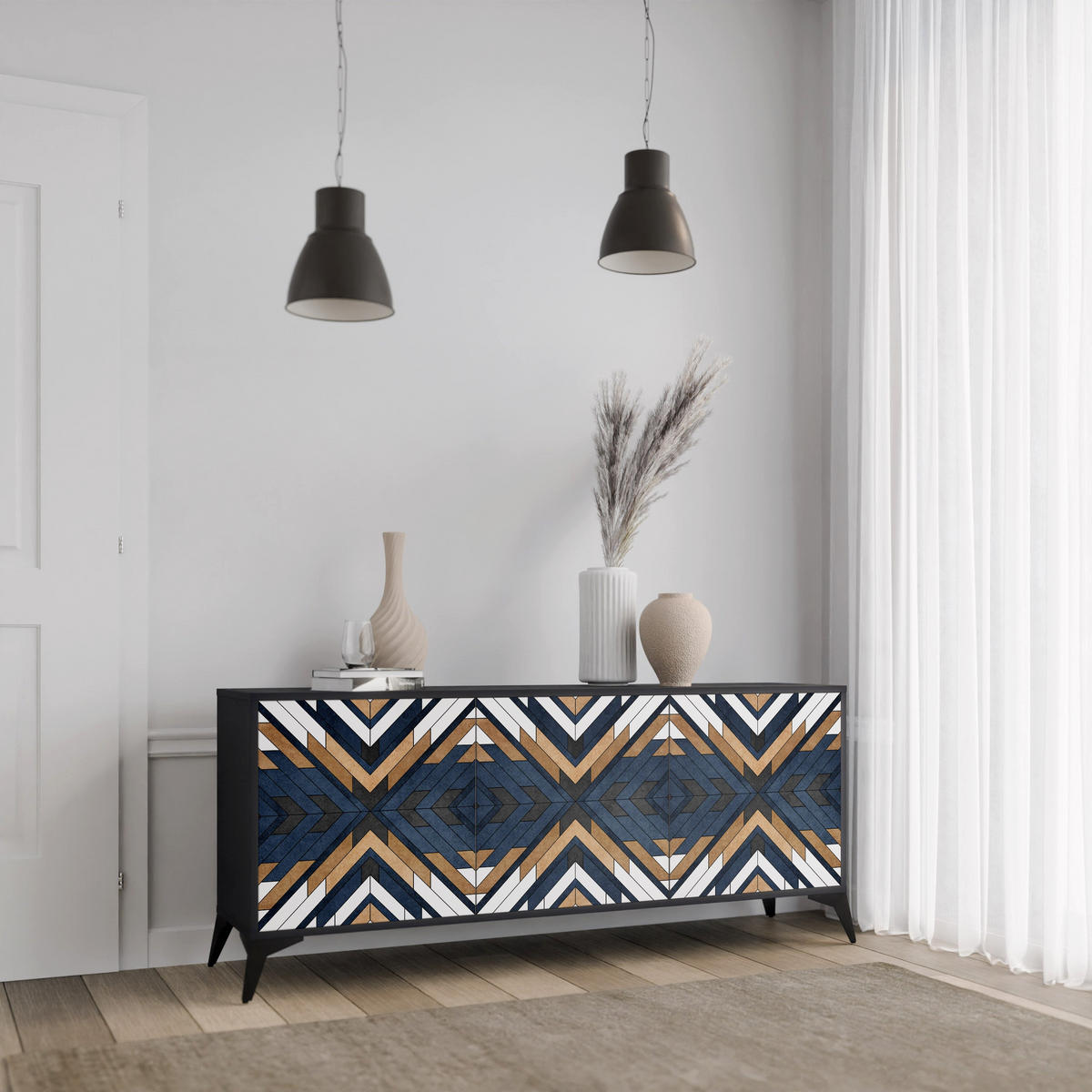 SIDEBOARD ARTFUL GEOMETRY, Eicheneffekt, 164,5x42x77,5 cm, 3 Türen - Eichefarben/Buchefarben, Holzwerkstoff/Buchenholz (164.5/77.5/42cm) - SpaceRebels