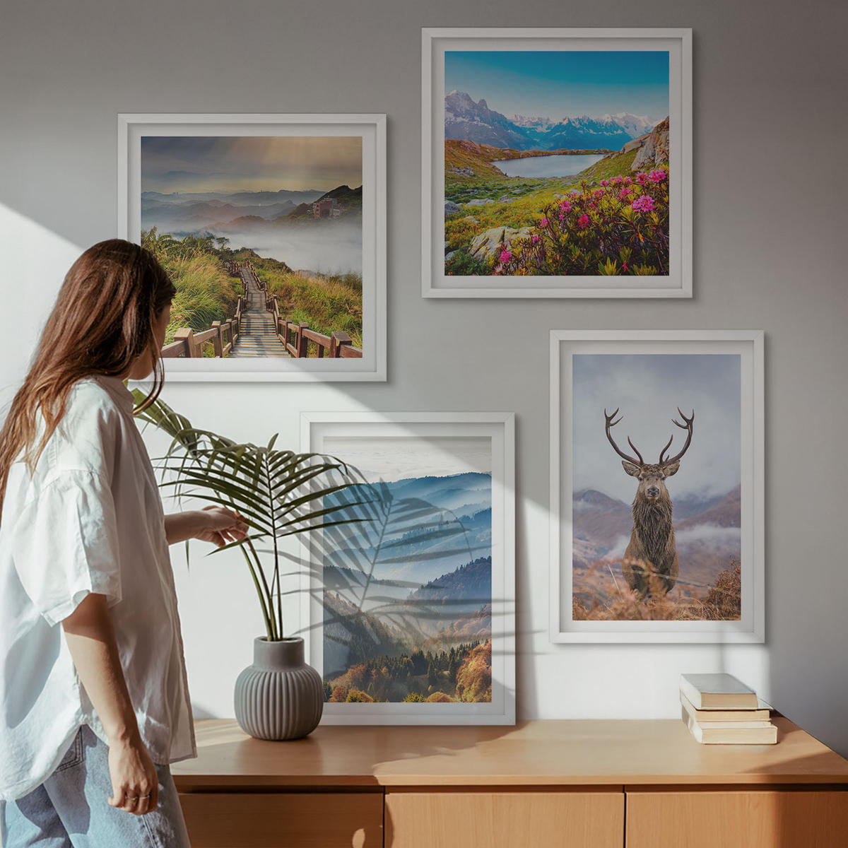 WANDBILDER 4er-Set - 50x50 cm & 40x60 cm Weißer Rahmen - Berglandschaft, See, Hirsche - Weiß, Kunststoff (50/50cm) - ArtPrintCave