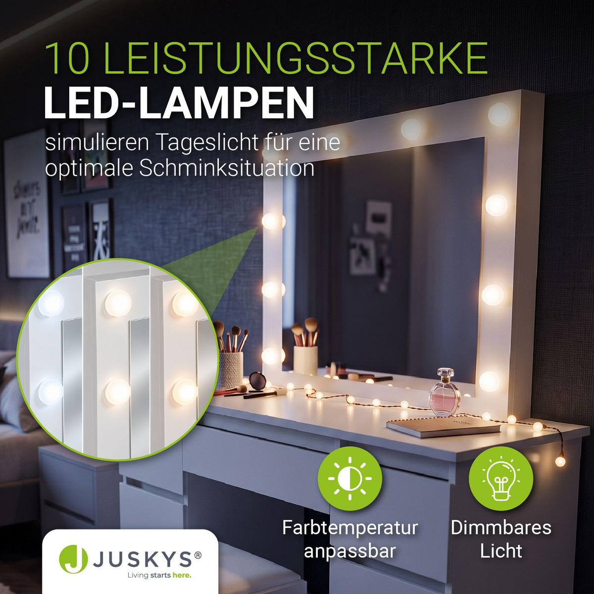 SCHMINKTISCH Talea mit LED (3 Lichtstufen) inkl Hocker Melly - Weiß, Holz (110/141/40cm) - Juskys