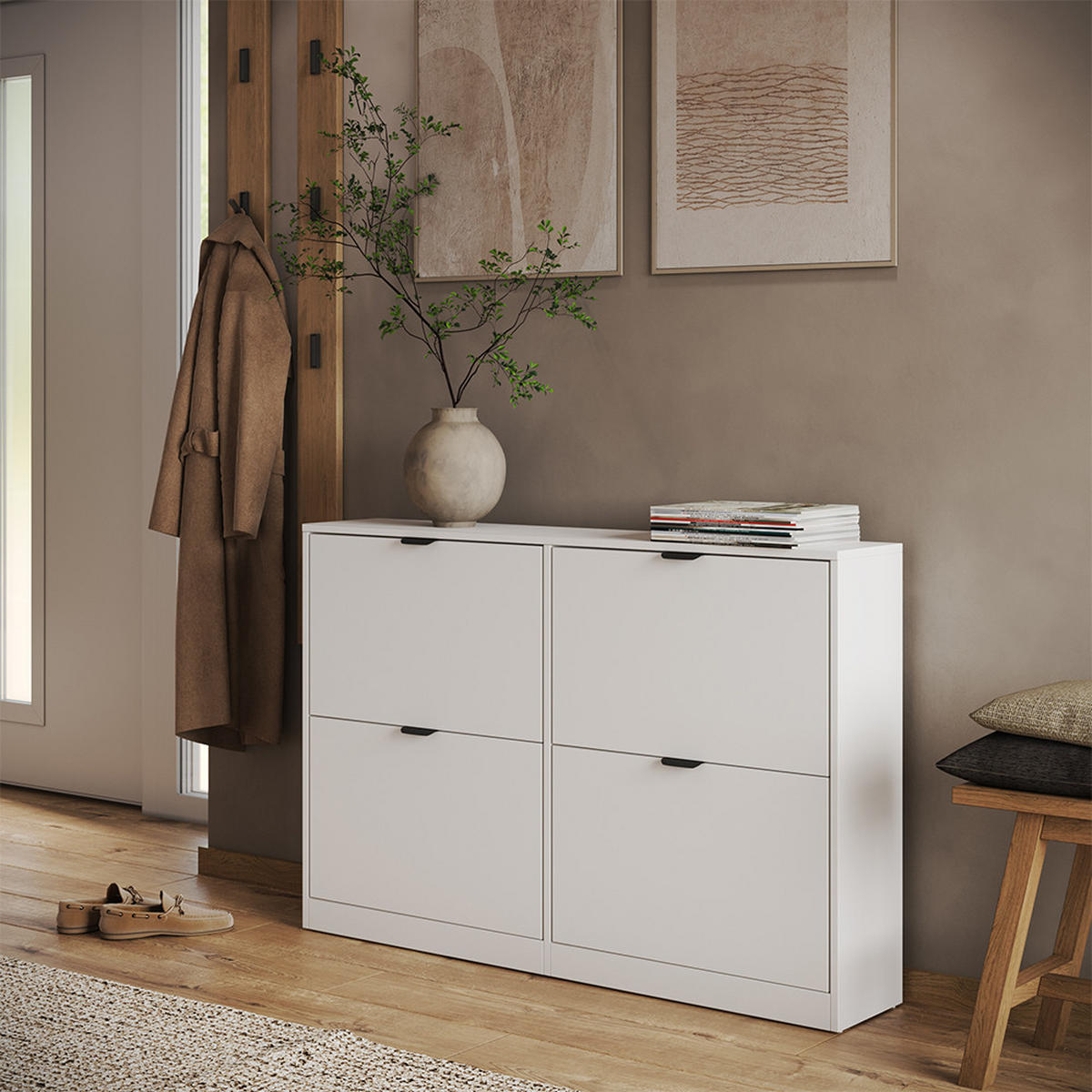 SCHUHKIPPER Gizmo, Weiß, 115 x 77.6 cm mit 2x2 Fächern - Schwarz/Weiß, Holzwerkstoff (115/77.6/22cm) - Vicco