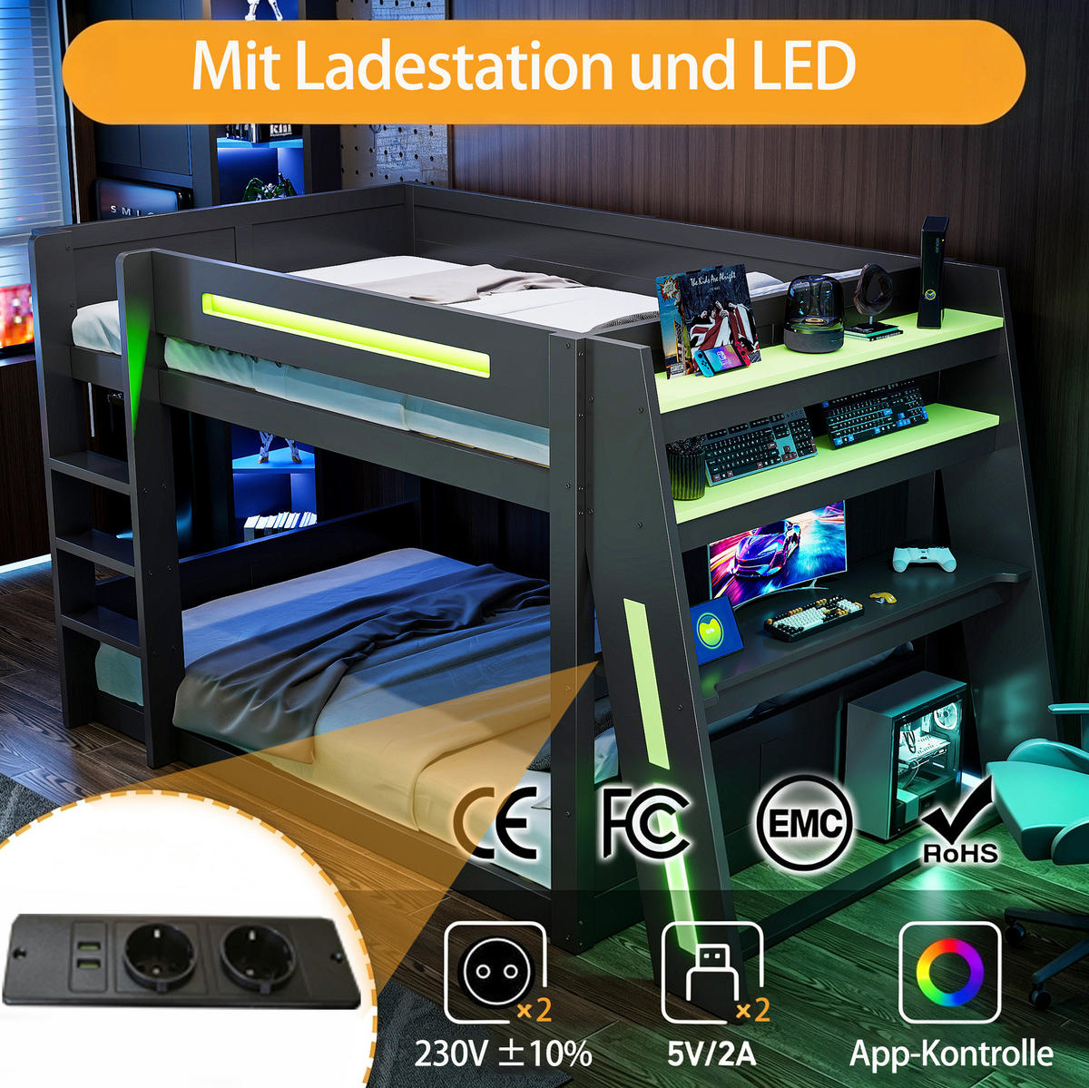 ETAGENBETT 140/200 cm schwarz/grün aus Kiefer und MDF mit Schreibtisch und LED - Schwarz, Holzwerkstoff (140/200cm) - OKWISH