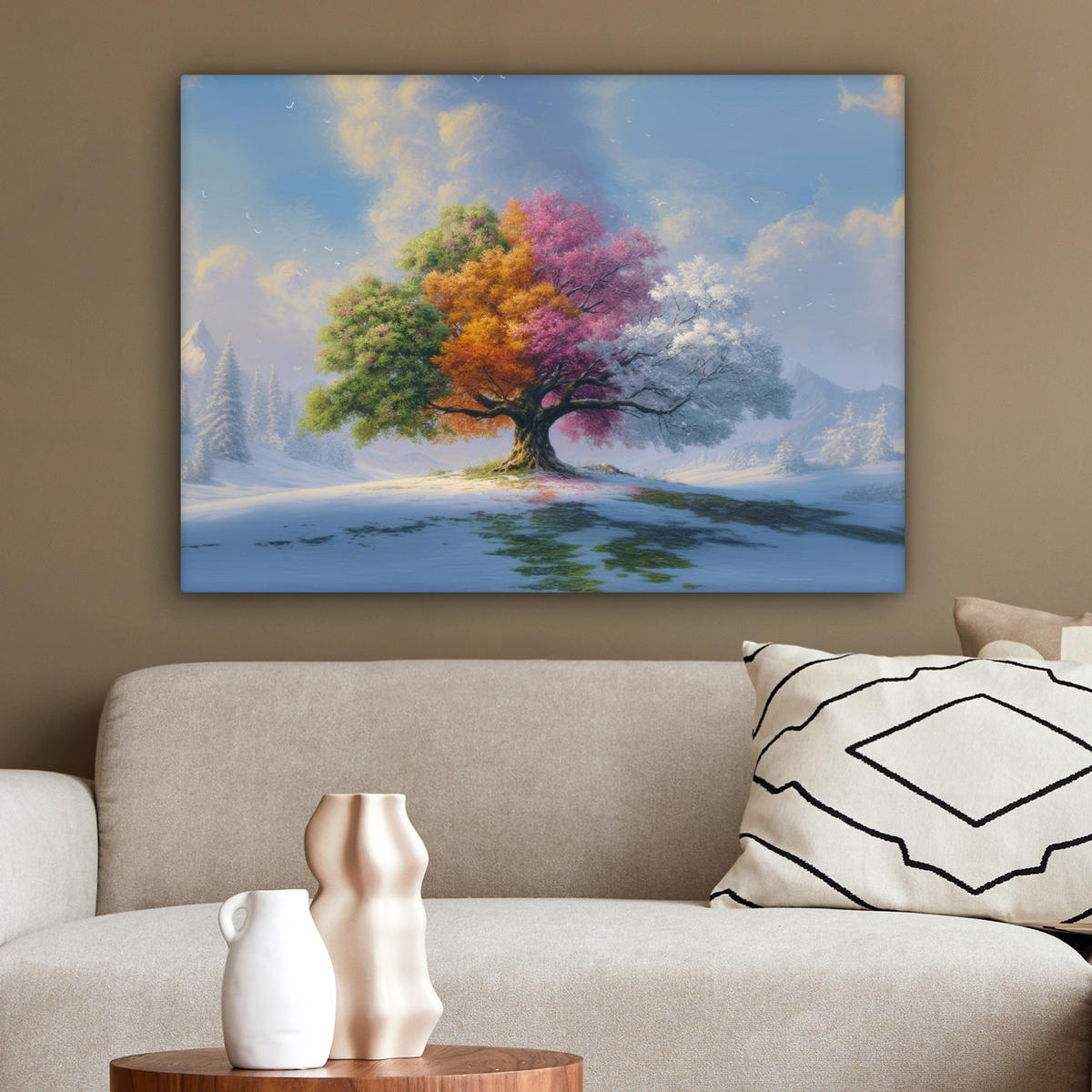 LEINWANDBILD Baum - Jahreszeiten - Winter - Landschaft Wandbilder 80x60 cm - Multicolor, Textil (80/60cm) - MuchoWow