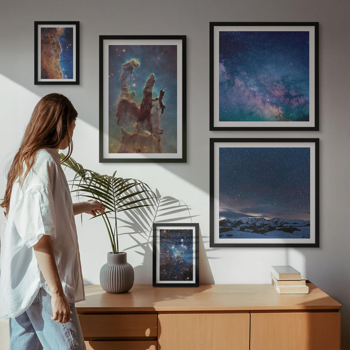 BILDER SET 5er Set - 50x50 cm & 20x30 cm & 40x60 cm Schwarzer Rahmen - Weltraumlandschaften von Galaxien - Schwarz, Kunststoff (40/60cm) - TULUP