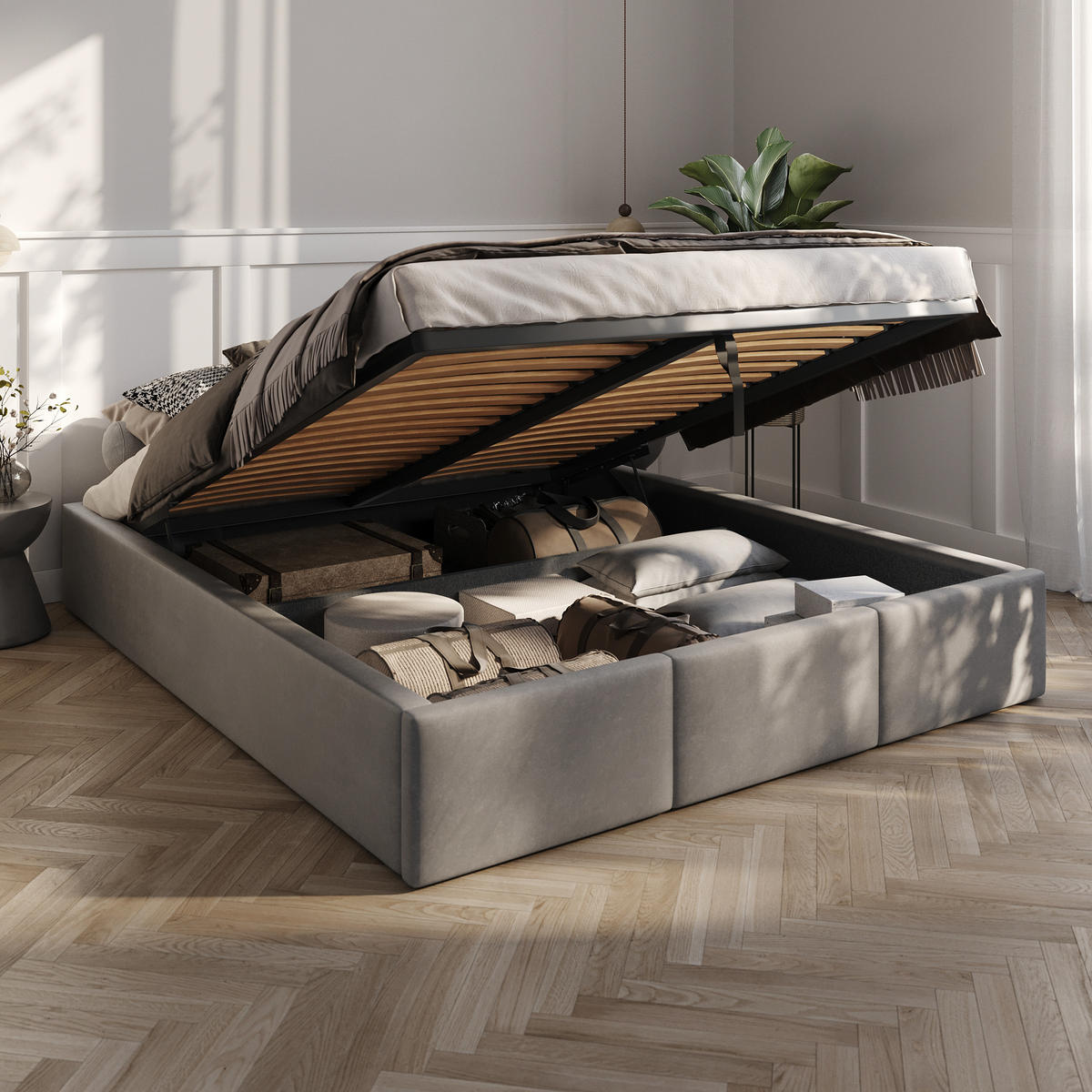 POLSTERBETT für Schlafzimmer Bett mit Stauraum Grau 160x200cm - Grau, Holzwerkstoff/Textil - Muralo