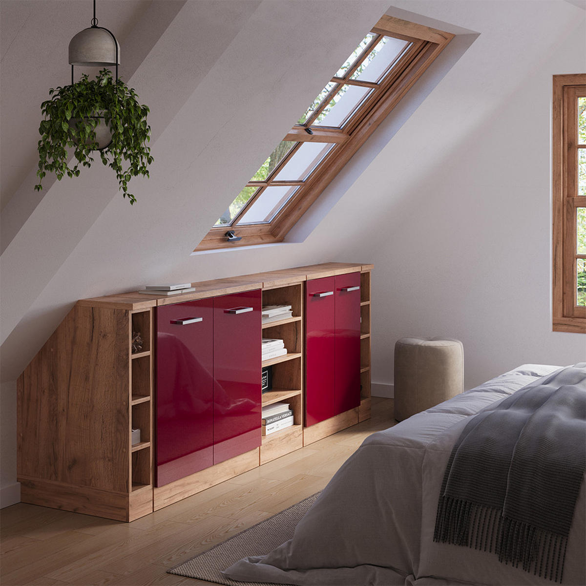 DACHSCHRÄGENSCHRANK-SET Rion Rot Hochglanz 210 cm 5er Set Schrankkorpuss 60 cm Tiefe - Honigeiche/Bordeaux, Holzwerkstoff (210/83.8/60cm) - Vicco
