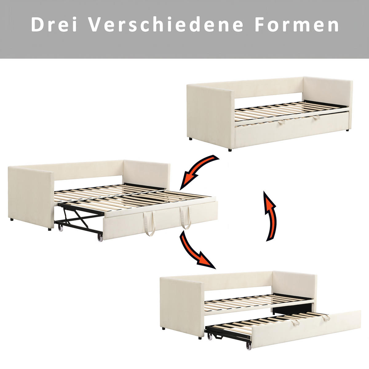 POLSTERBETT 90/180x200 cm, Ausziehbares Bett, mit 2 Armlehnen und Lattenrost, Samtstoff, Beige - Beige, Holz (180/200cm) - BRILVERDE