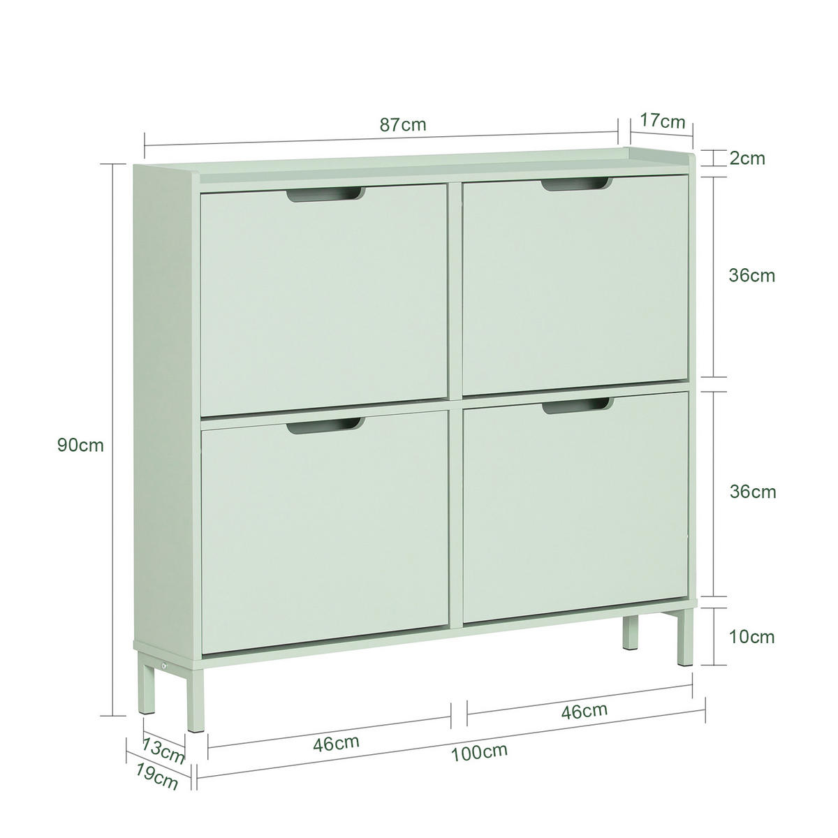 COMODĂ pentru hol cu 4 sertare tip clapetă - verde, compozit lemnos/metal (100/91/19cm) - SoBuy