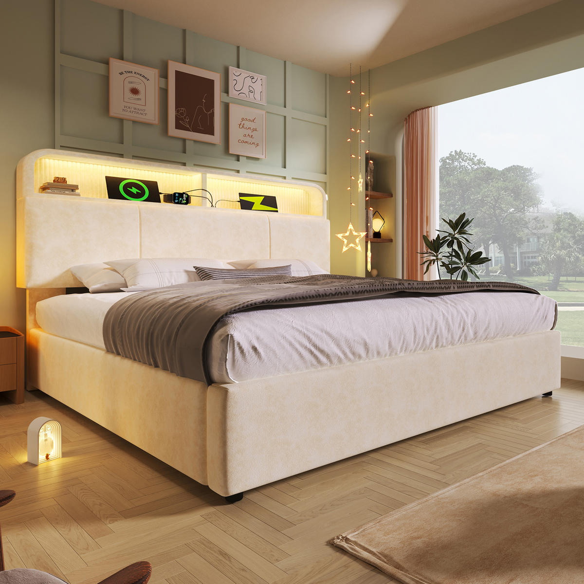 POLSTERBETT 140/200 cm Beige mit höhenverstellbarem Kopfteil und LED-Beleuchtung mit Matratze - Beige, Textil (140/200cm) - OKWISH