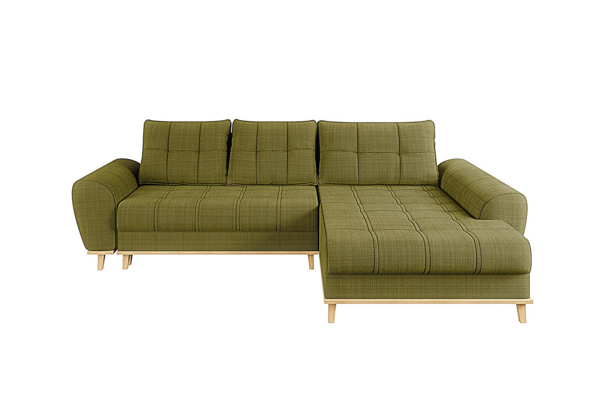 ECKSOFA im Scandi-Stil, Schlaffunktion, Bettkasten B268/T175/H86 cm, Ottomane rechts, Liegefl. 128x209 cm, Bouclé Chenille Stoff in Grün / 21015 - Eichefarben/Grün, Holz/Textil (268/175cm) - luma-home