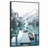 LEINWAND Bilder mit Rahmen - Natur - Berge - Schnee - Wald - Boot - 60x90 - Hellgrün, Textil (60/90cm) - MuchoWow