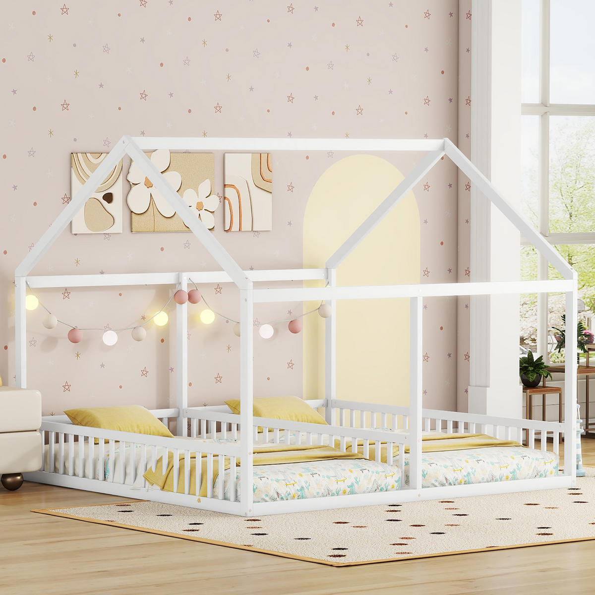 HAUSBETT 90/200 cm in Weiß, 2-in-1-Design mit Schutzgitter - Weiß, Holz (90/200cm) - Flora Grace