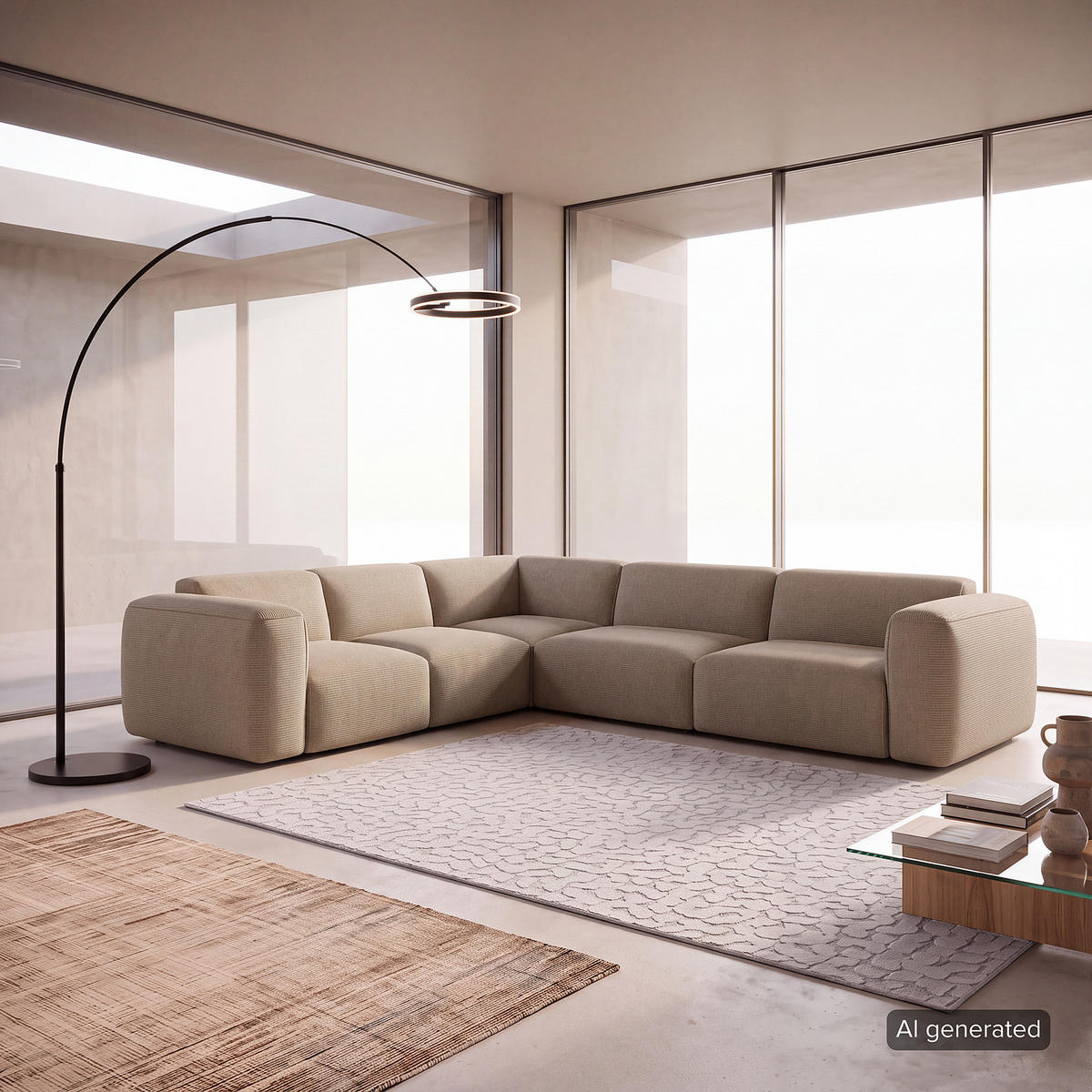 ECKSOFA mit Rundecke - Taupe/Schwarz, Kunststoff/Textil (325/260cm) - home24