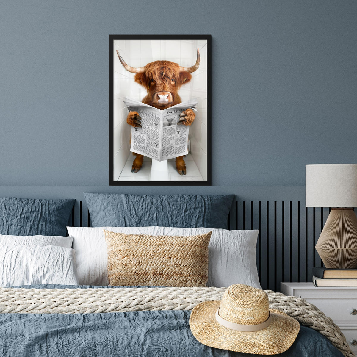 GERAHMTES BILD Schottisches Hochlandrind - Tier - Zeitung - Toilette 40x60 cm - Kastanienfarben, Papier (40/60cm) - MuchoWow
