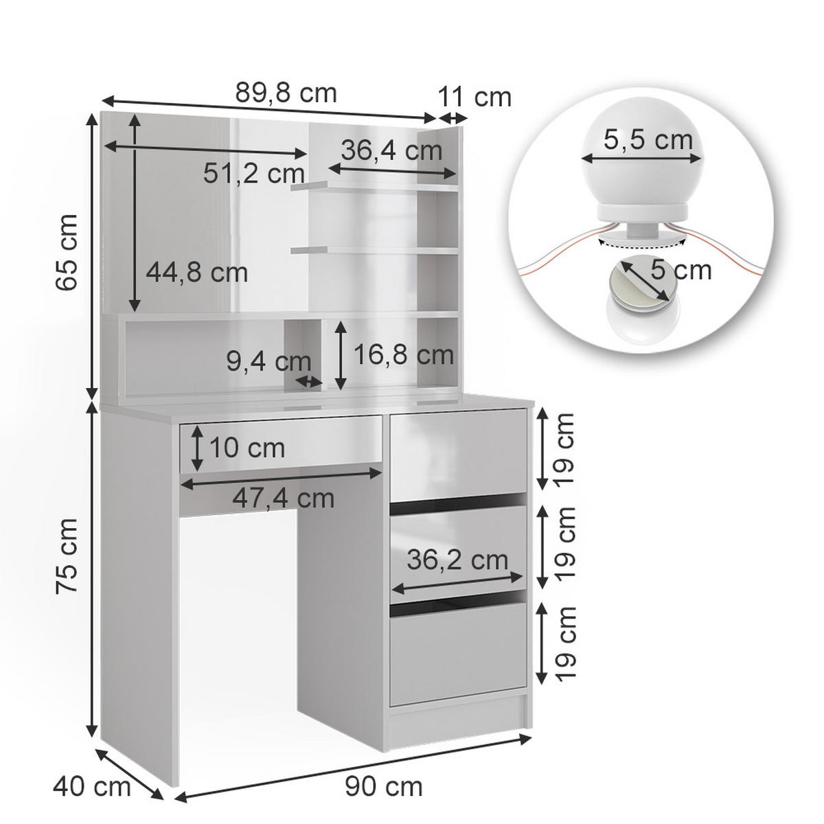 SCHMINKTISCH Sherry Weiß 140 cm mit LED Beleuchtung, und Spiegelregal - Weiß, Holzwerkstoff (40/75/140cm) - Vicco