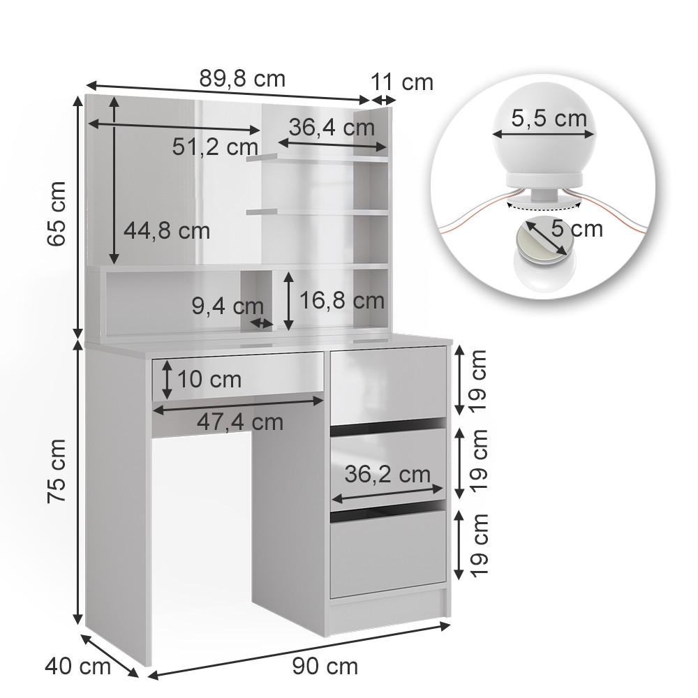 Thumbnail - Vicco Schminktisch, Weiß, Holzwerkstoff, 9 Fächer, 4 Schubladen, Rechteckig,Rechteckig, 90x140x40 cm, Schlafzimmer, Schm...