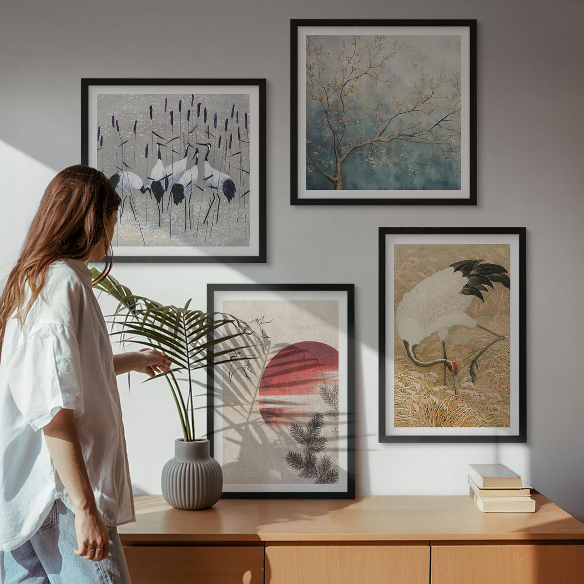 BILDER SET 4er Set - 50x50 cm & 40x60 cm Schwarzer Rahmen - Japanische Kraniche Landschaft - Schwarz, Kunststoff (50/50cm) - TULUP