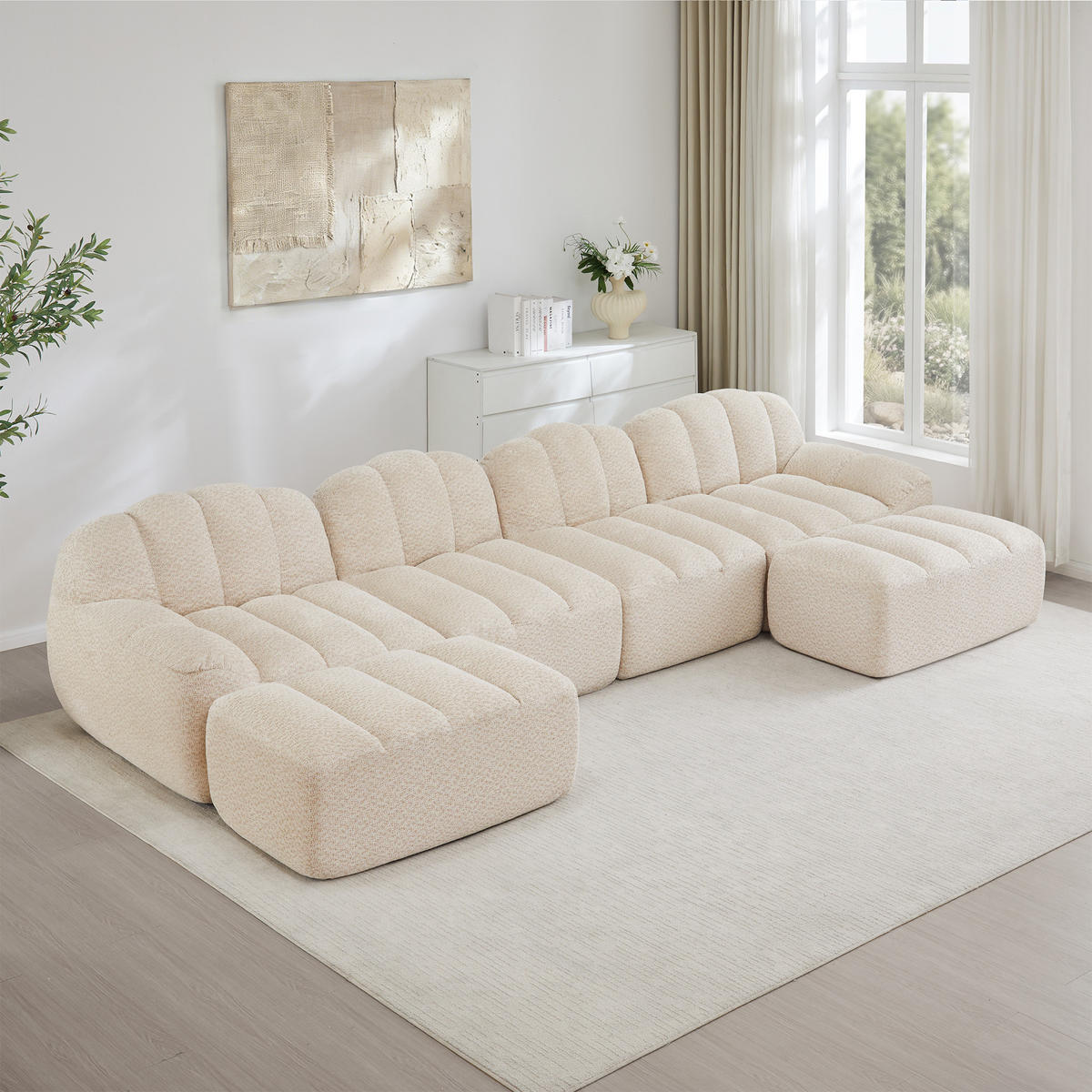 WOHNLANDSCHAFT Granulierter Fleece Beige mit 2 Ottomanen - Beige, Textil (366/79/165cm) - WISHDOR