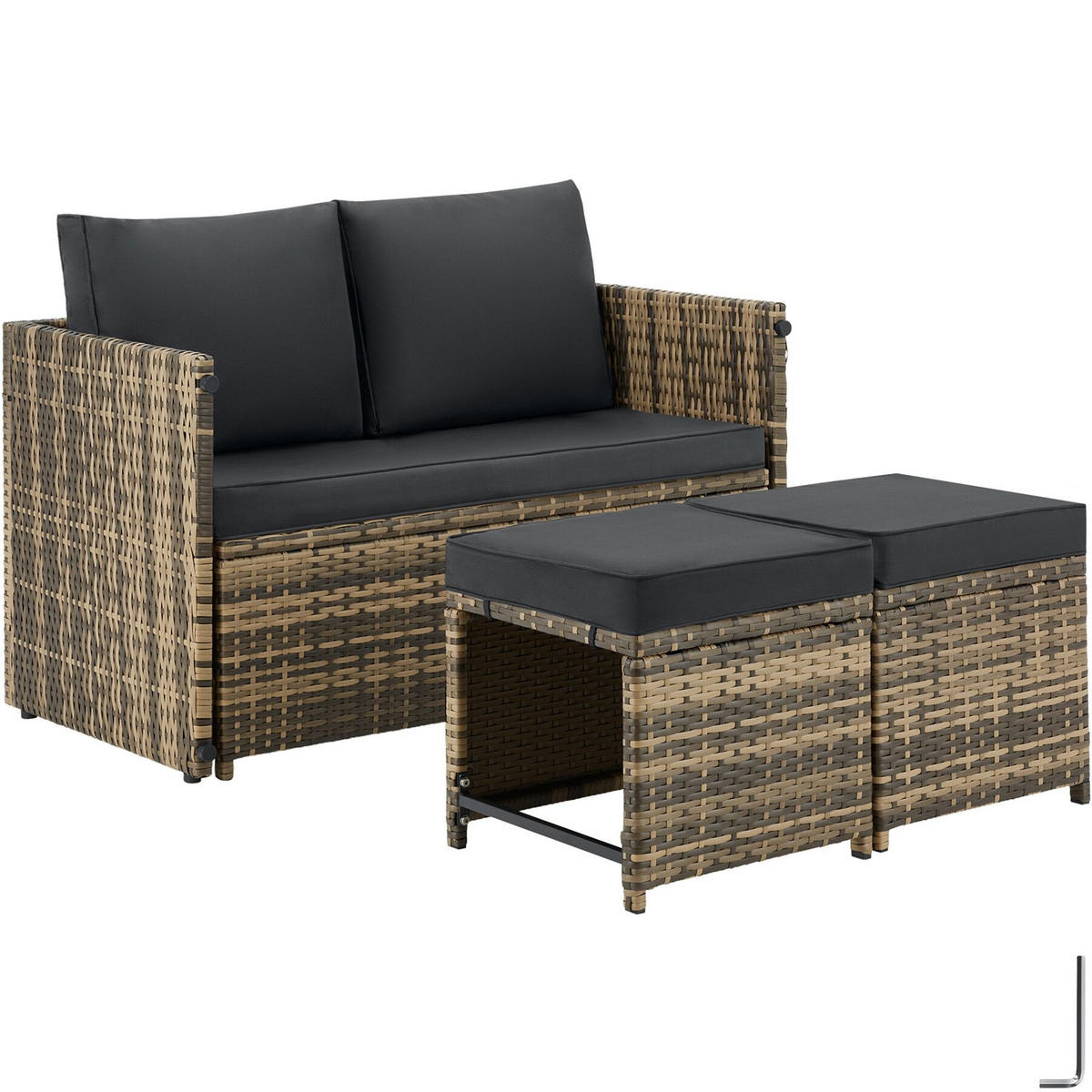 RATTANLOUNGE-SET 2-in-1 Monopoli, Sofa & Sitzgruppe, Polyrattan natur, 110 x 60 x 61,5 cm - Naturfarben, Kunststoff - tectake