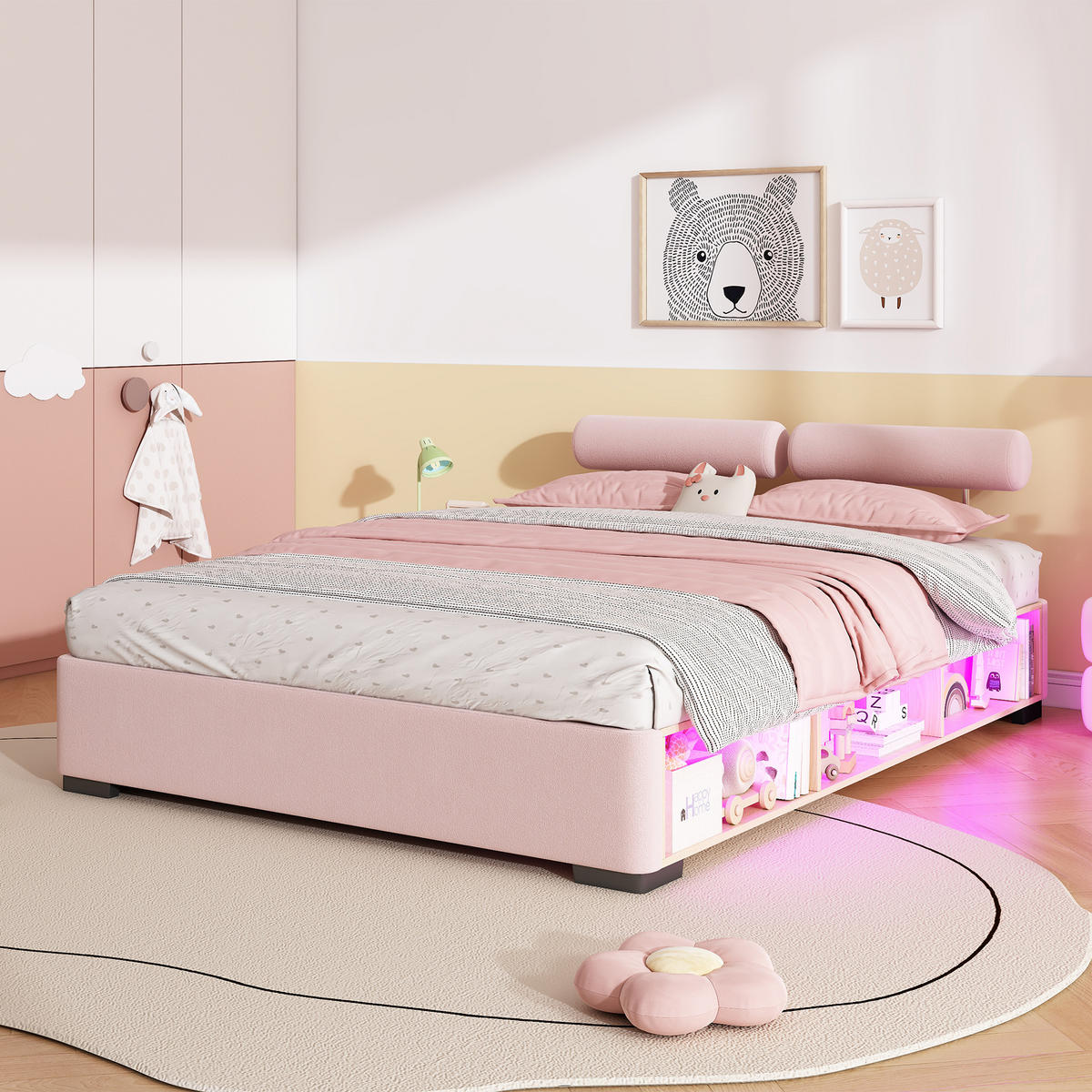POLSTERBETT 140/200 cm in Rosa mit LED, offenem Stauraum und flexiblen Kopfstützen aus Samt, niedriges Design - Schwarz/Rosa, Holzwerkstoff/Textil - STILVORA