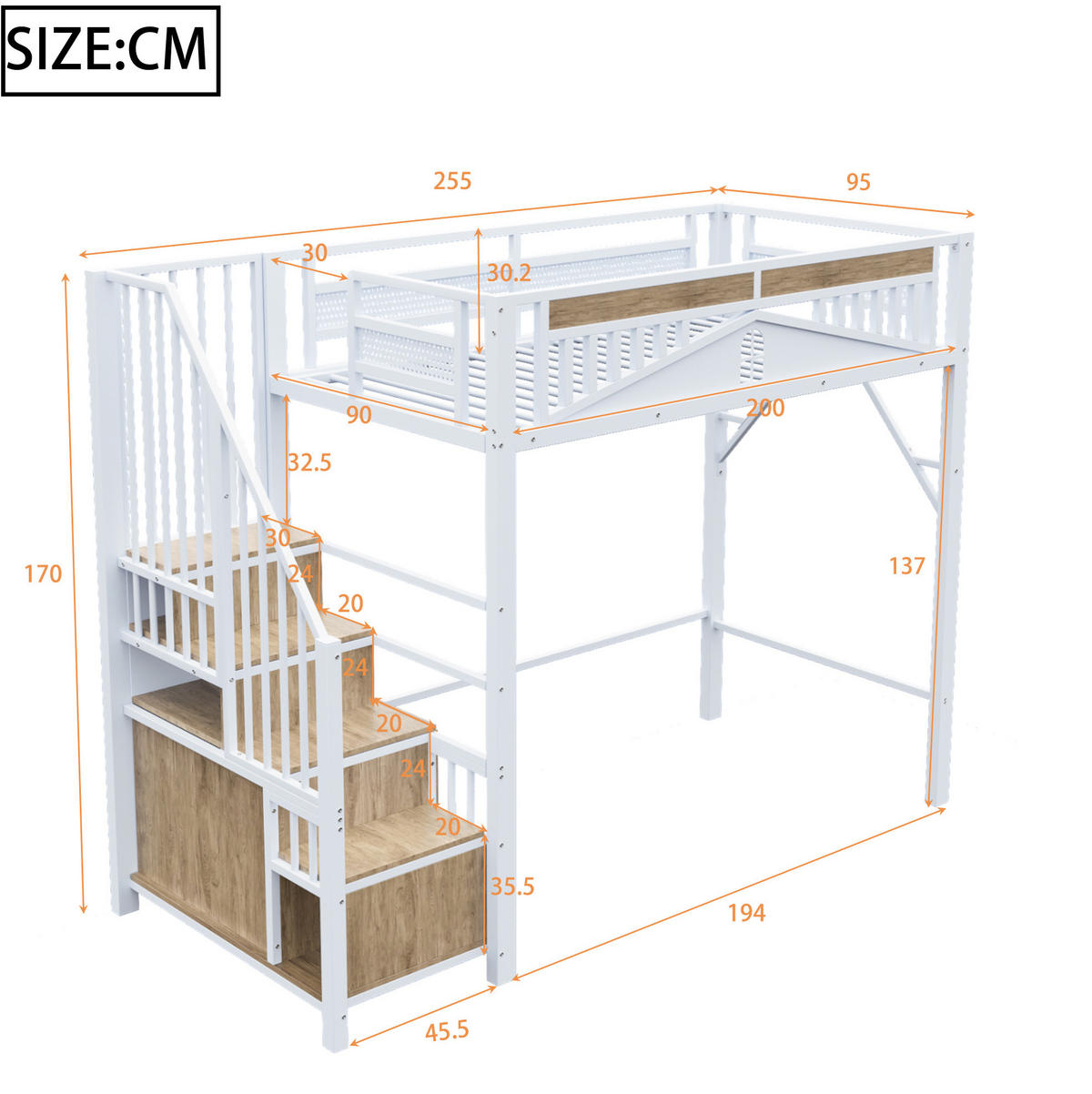 HOCHBETT aus Metall und Holz 90x200 cm Weiß mit Stauraumtreppe und Fenster-Sicherheitsgitter - Weiß, Metall (90/200cm) - IVMEU