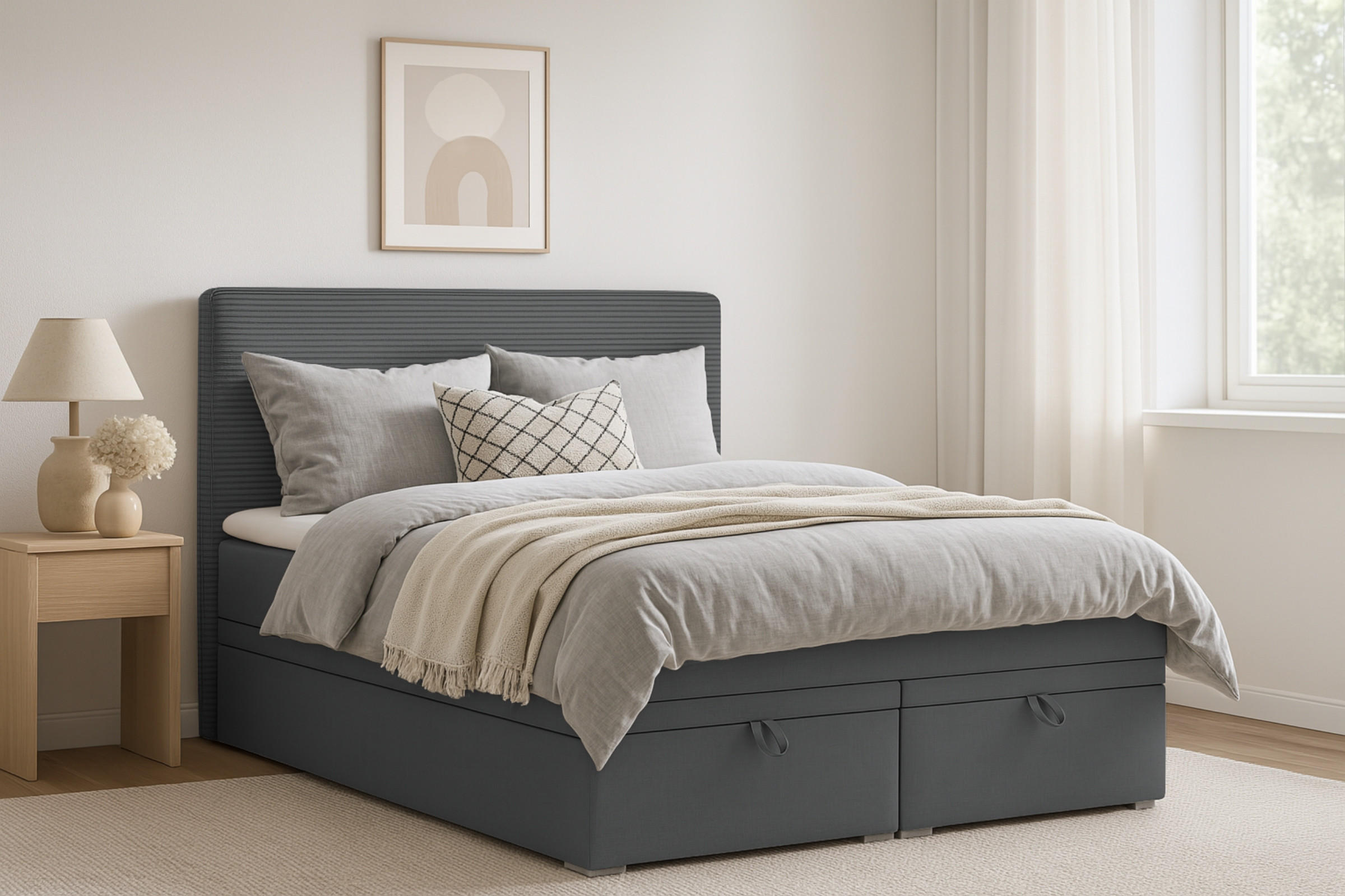 BOXBETT DARO 180/200 in Velour/Cord Dunkelgrau - Dunkelgrau, Holz/Holzwerkstoff (180/200cm) - Deine Möbel 24