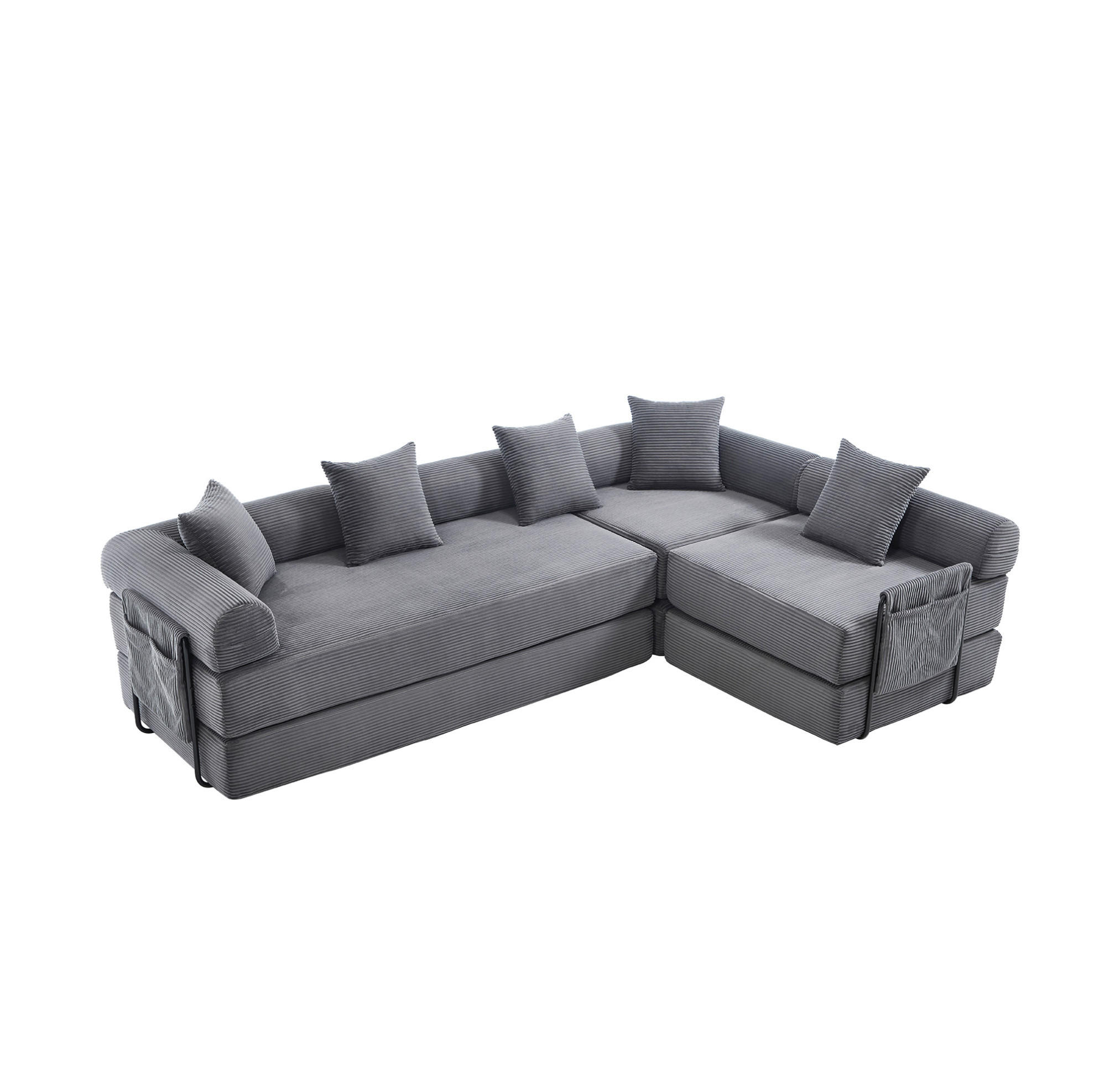 MODULARES Sofa 270/180/64 cm aus Cord mit Schlaffunktion und Seitentasche Dunkelgrau - Dunkelgrau, Textil (180/64/270cm) - Modenvie
