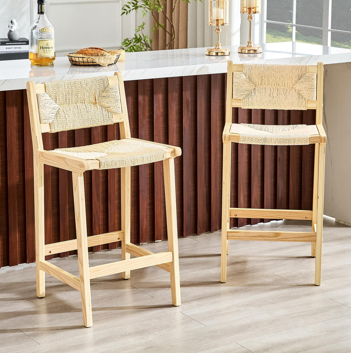 BARHOCKER 2er-Set mit Geflecht und Massivholz für Kücheninsel - Birnbaumfarben, Holz (42/89/44cm) - Meubliv