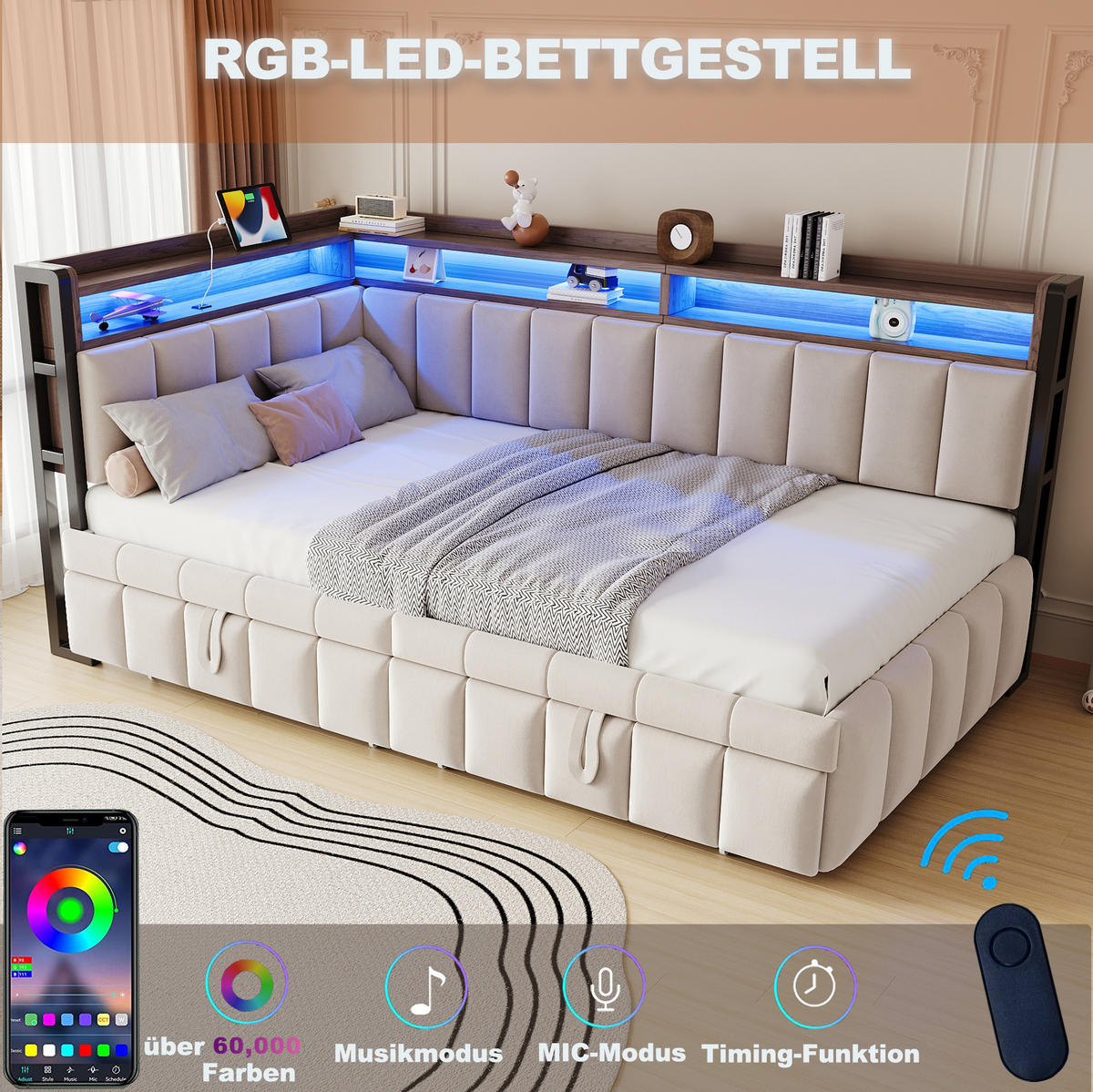 POLSTERBETT 90/200 cm aus Samtstoff mit LED, USB und Stauraum, Beige - Beige, Textil (90/200cm) - OKMYHOME