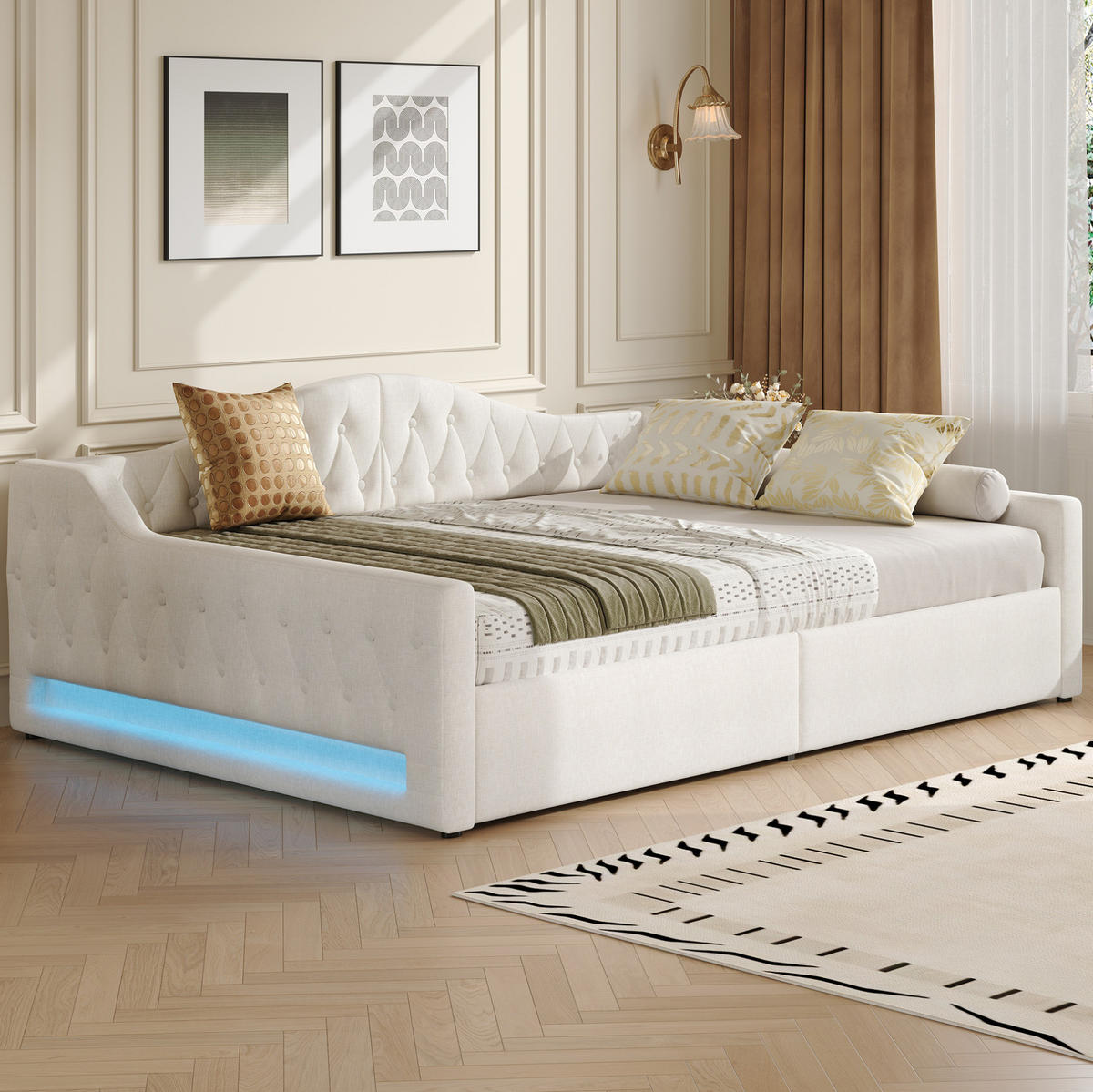 ČALÚNENÁ posteľ z MDF a preglejky 140x200 cm béžová s LED osvetlením a úložným priestorom - béžová, kompozitné drevo (140/200cm) - Modfu