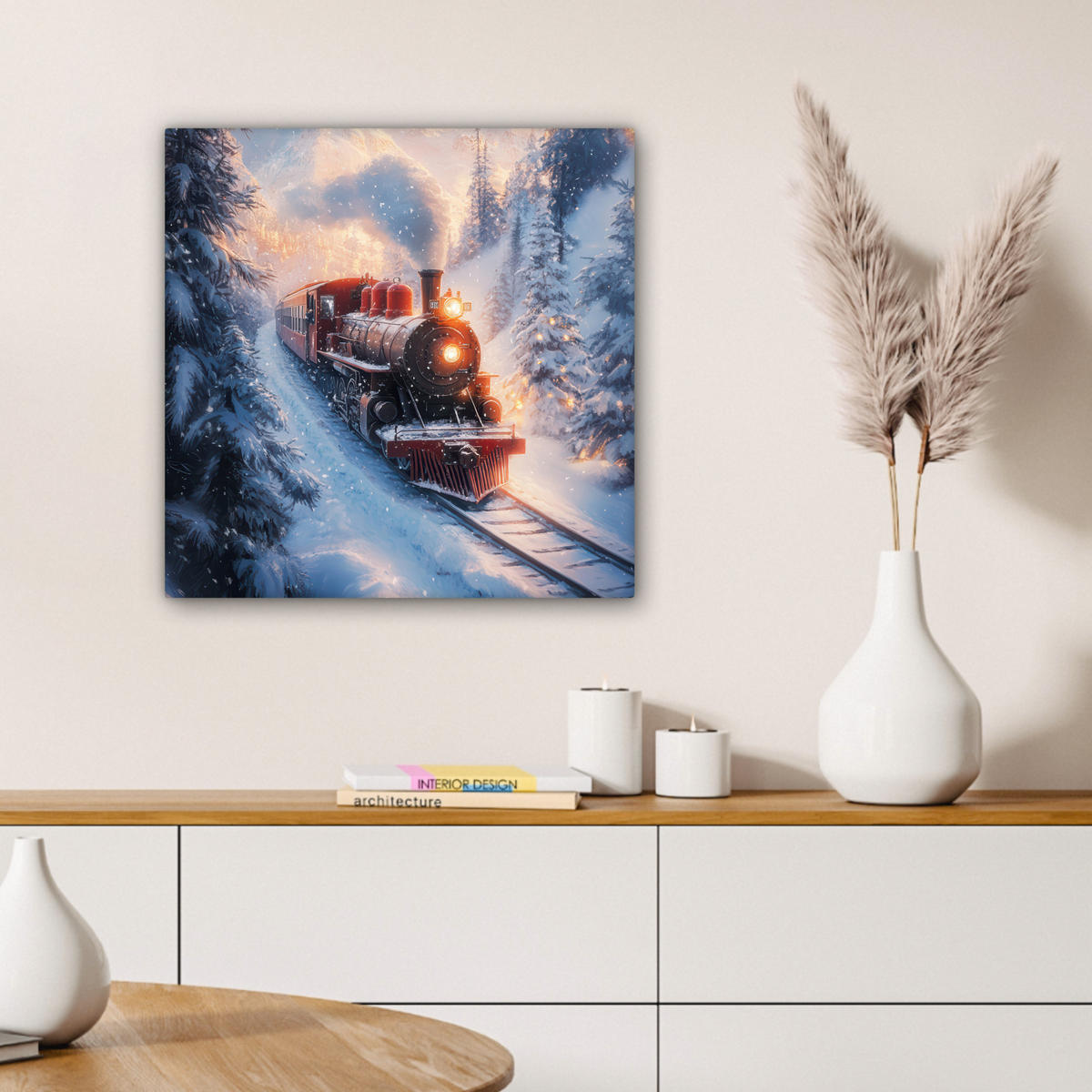 LEINWANDBILD Weihnachtszug - Schnee - Winter - Weihnachten 50x50 cm - Dunkelrot, Textil (50/50cm) - MuchoWow