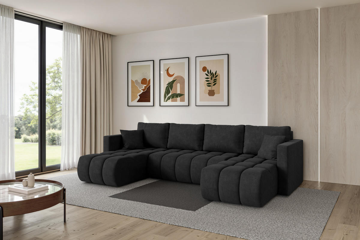 SEDACÍ SOUPRAVA DO U s funkcí spaní a úložným prostorem GARD-U 300x146x85 černá velur - černá, kompozitní dřevo/textil (300/85/146cm) - ALTDECOR