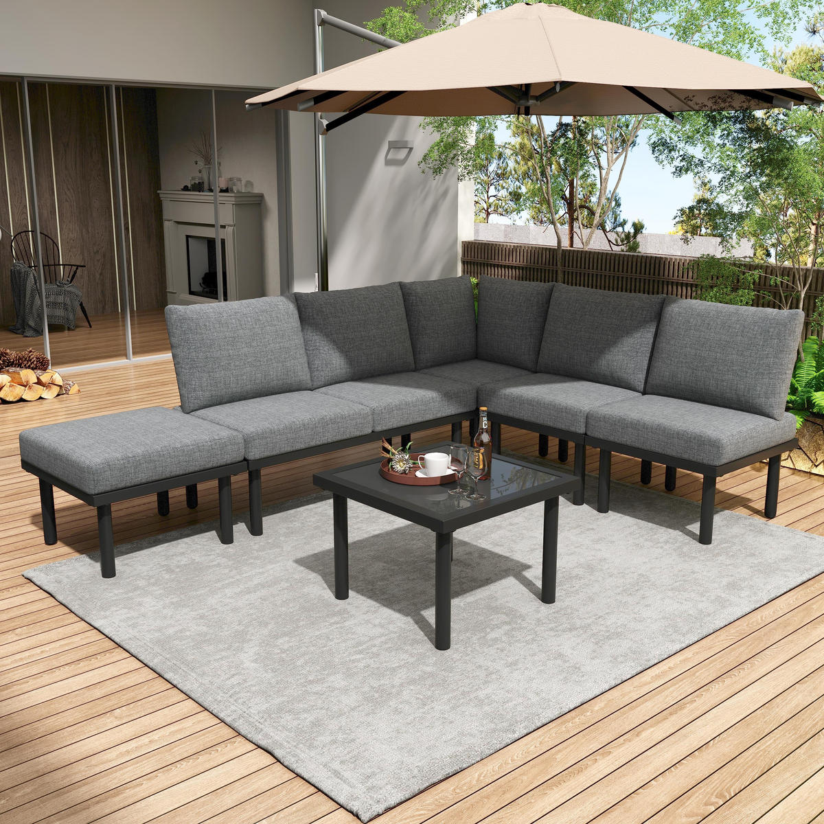 GARTENSET 231x174x66cm grau aus Stahl und Olefin, verstellbar - Grau, Metall - Modfu