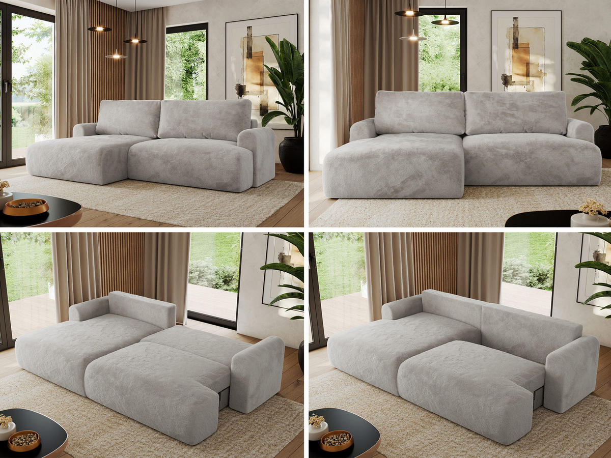 ECKSCHLAFSOFA TONO L Hellgrau Plüsch - links - Hellgrau/Schwarz, Kunststoff/Textil (260/150cm) - MKS