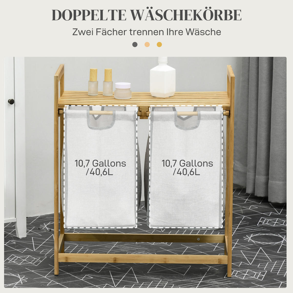 WÄSCHEKORB, 81,2 L Wäschebox mit 2 abnehmbaren Wäschesacke, Bambus, Natur - Naturfarben, Kunststoff (33/73/64cm) - HOMCOM