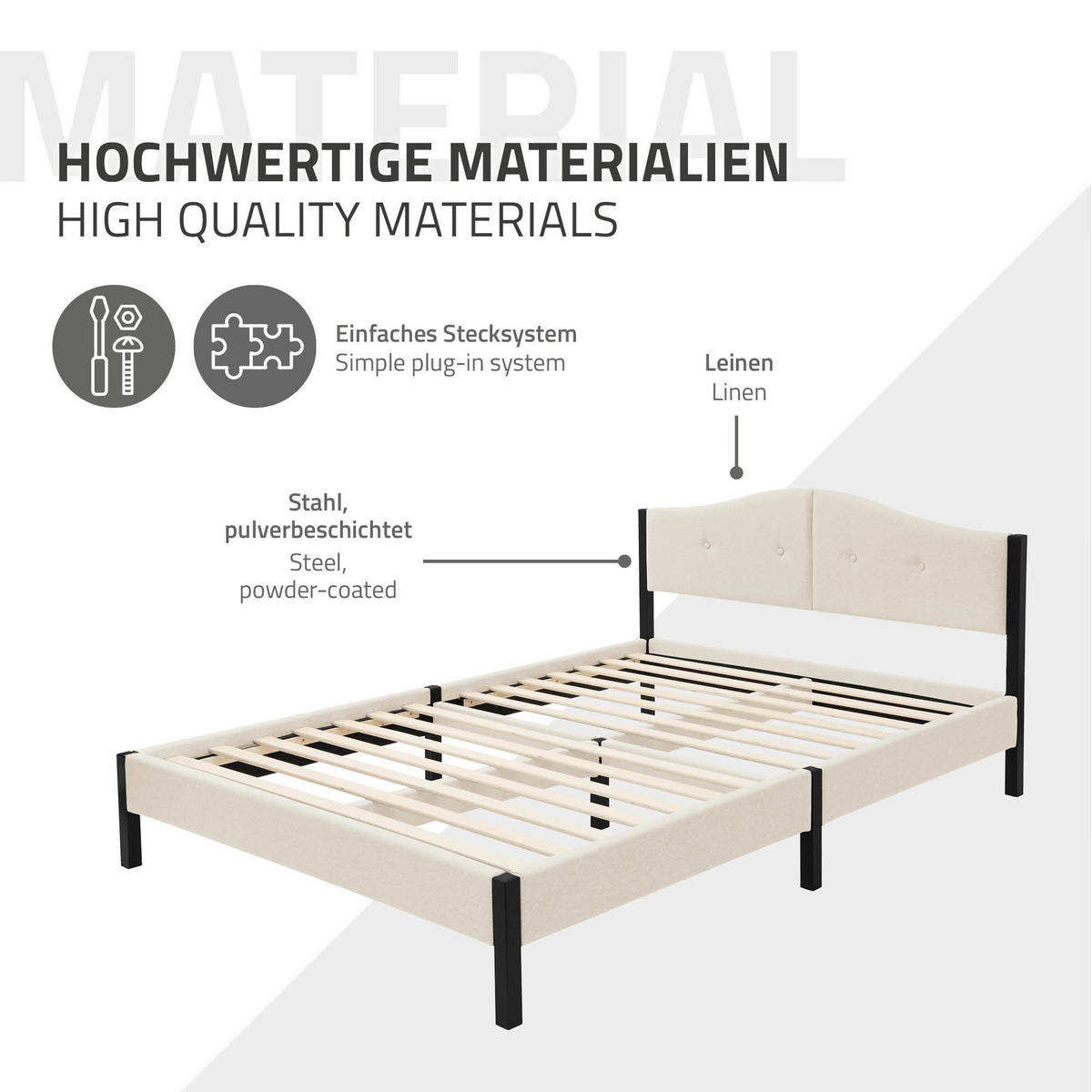 ČALOUNĚNÁ POSTEL 140x200 cm béžová s roštem a lněnou látkou - béžová, kompozitní dřevo/textil (140/200cm) - ML-DESIGN