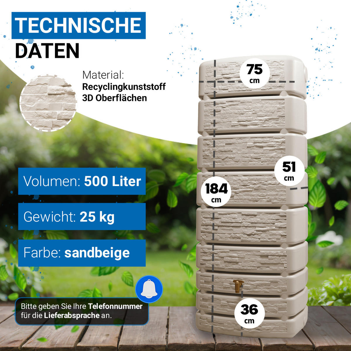 WANDTANK 500 L, sandbeige - Beige, Kunststoff (75/184/51cm) - 4rain
