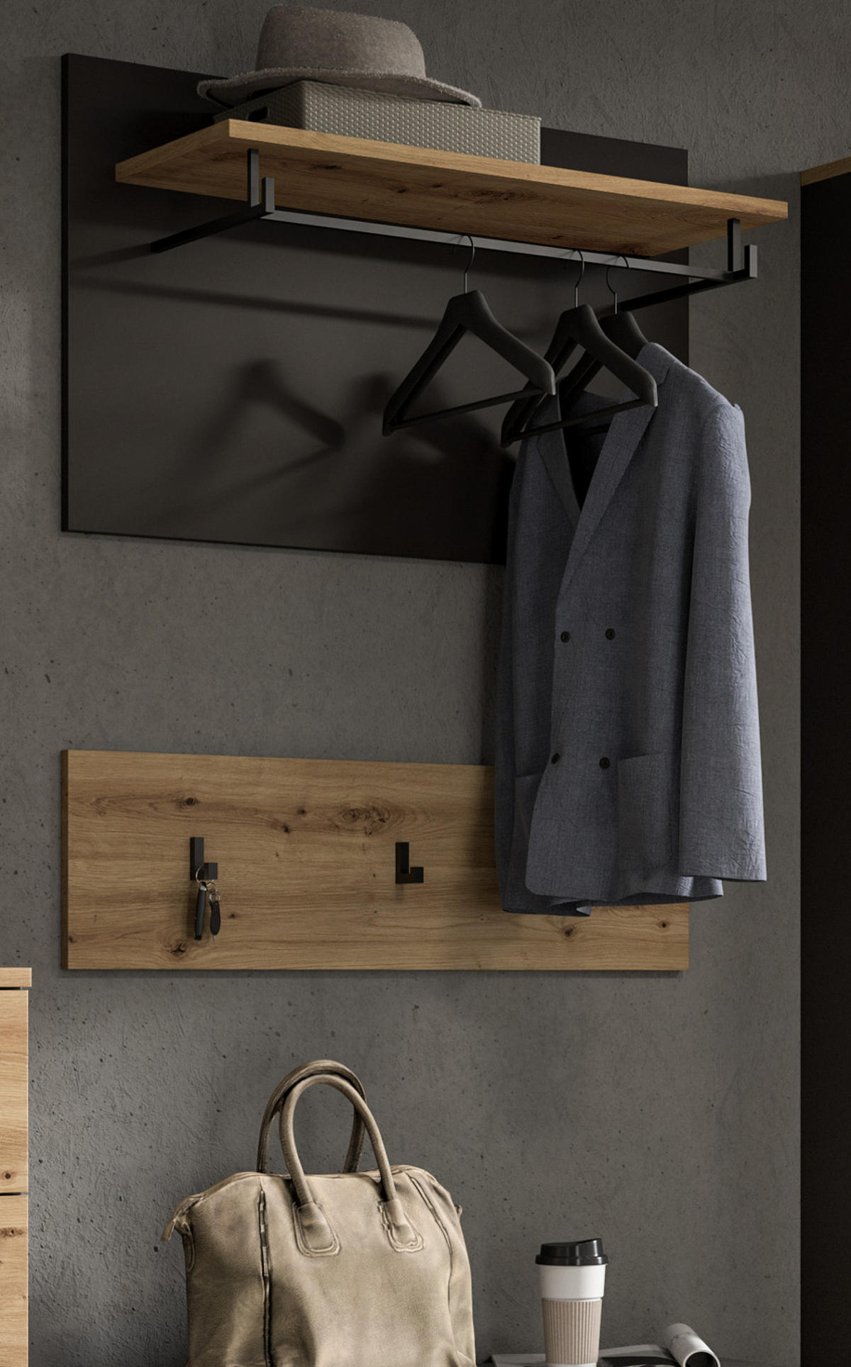 GARDEROBENPANEEL Set mit Garderobenleiste Eiche Artisan, grau 80 cm - Eiche Artisan/Grau, Holzwerkstoff/Metall (80/73/27cm) - Inn.Furn