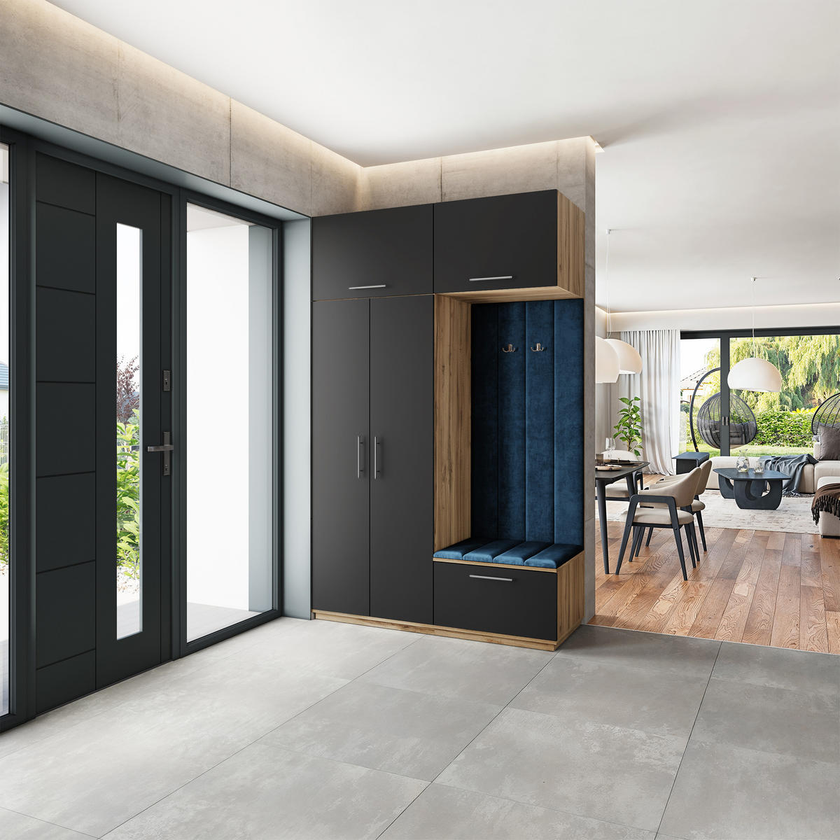 GARDEROBENSCHRANK REMA 150/240/60 cm Modern Garderobe-Set Eiche Wotan - Blau/Eiche Wotan, Holzwerkstoff (150/240/60cm) - MASSENO