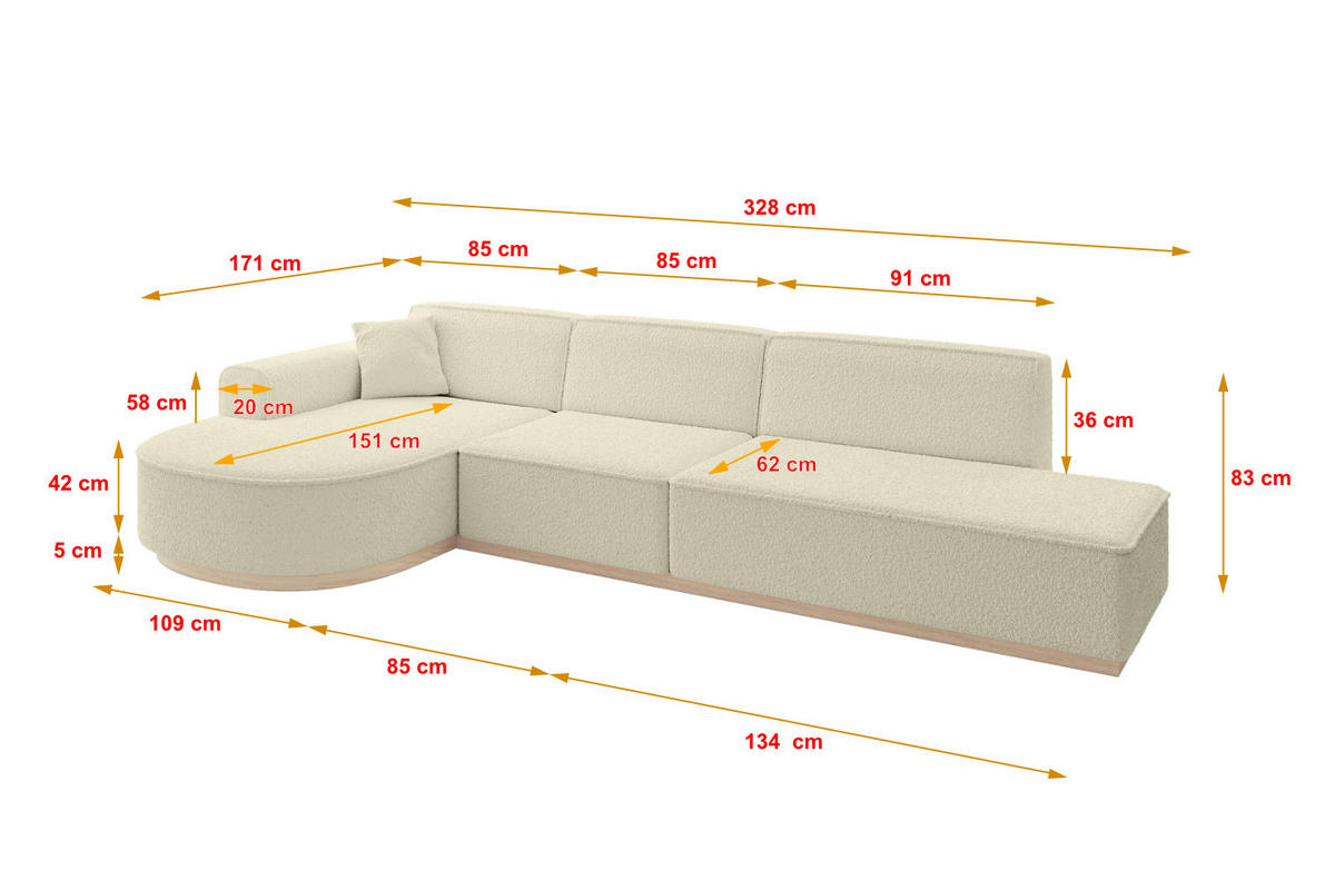 ECKSOFA Ottomane Links ARRIO-L2 - 328x171x83 cm Beige - Beige, Holzwerkstoff/Textil (328/171cm) - ALTDECOR