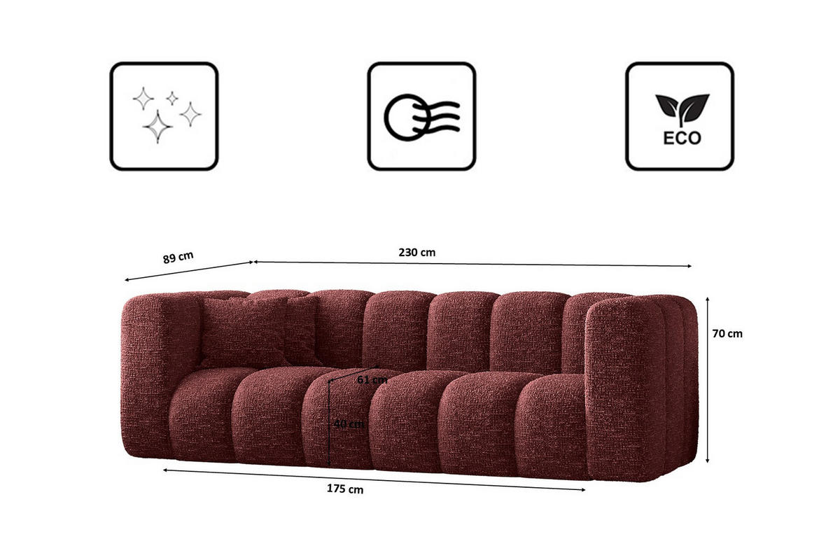 COUCH Dreisitzer-Sofa Grand Modular Stoff Haga Rotwein - Rot, Holz (230/70/91cm) - Kaiser Möbel