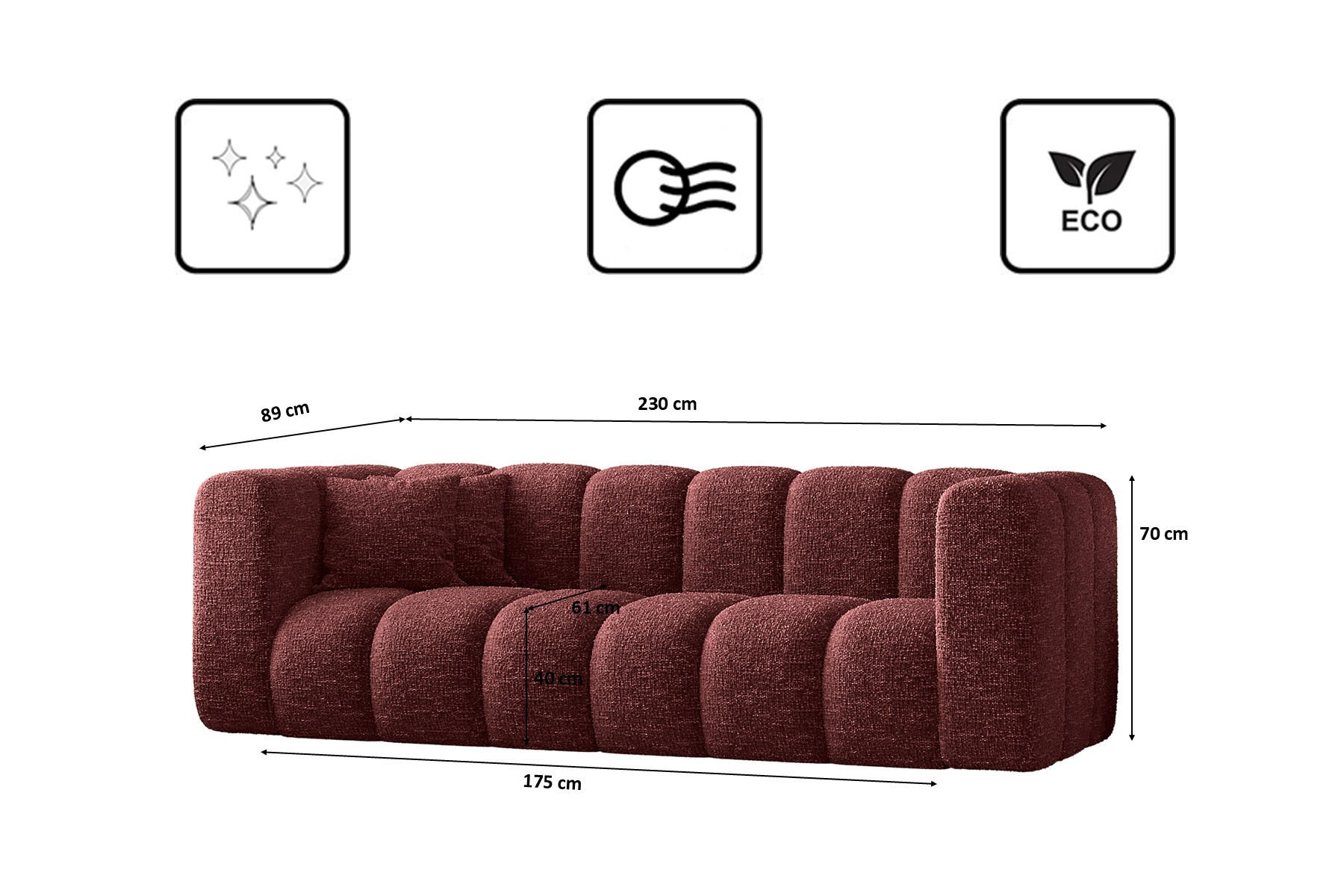 Thumbnail - Kaiser Möbel Couch, Rot, Holz, 3-Sitzer, Rechteckig, 230x70x91 cm, Reach, Wohnzimmer, Sofas & Couches, Sofas, 3-Sitzer S...
