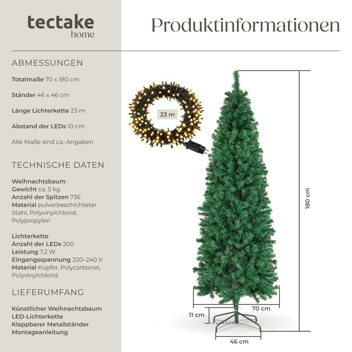 SET WEIHNACHTSBAUM MIT LICHTERKETTE ,pulverbeschichteter Metallständer mit Kunststoffkappen,grün - Grün, Kunststoff (180cm) - tectake