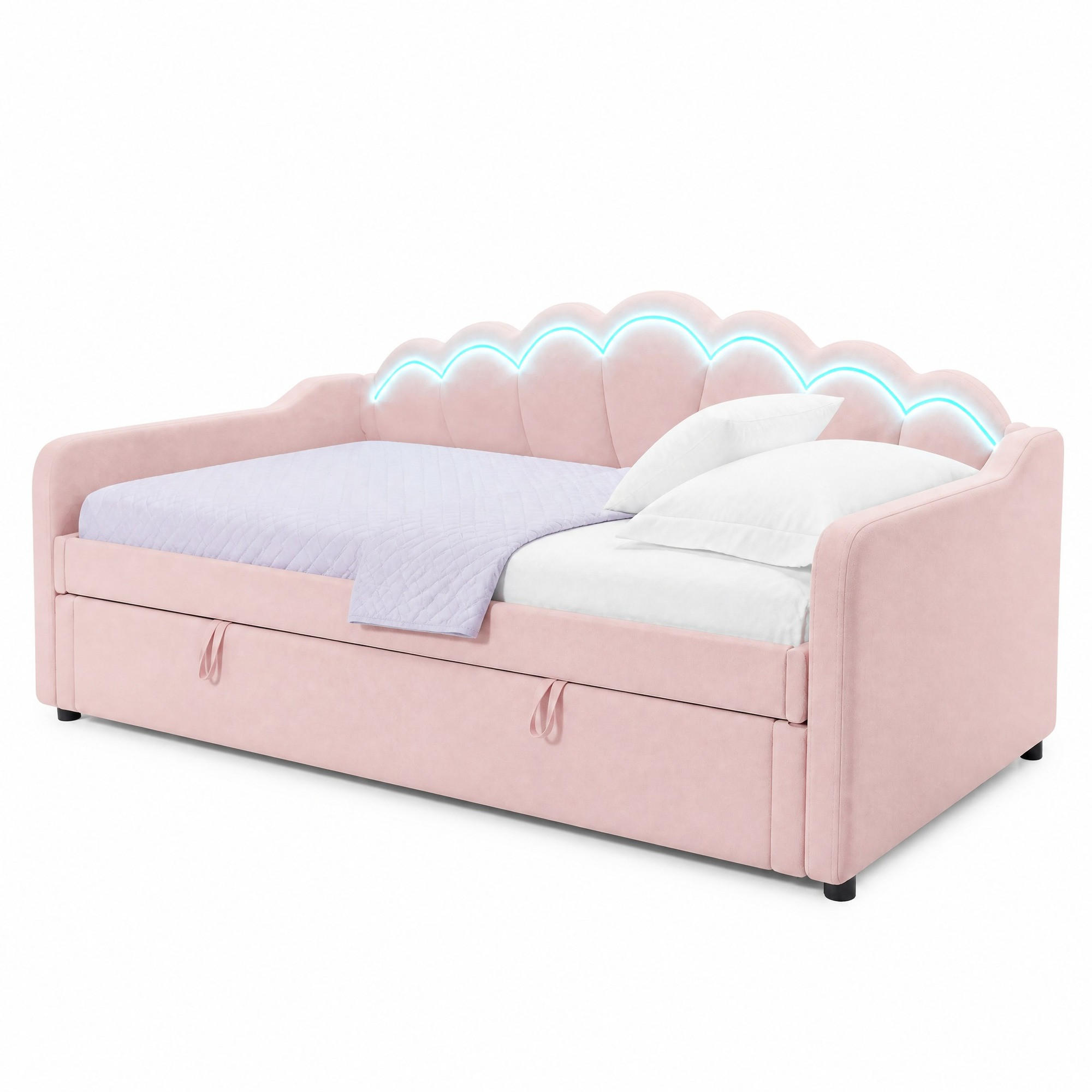 SCHLAFSOFA 90/200 cm in Rosa Samt mit Bettkasten und LED - Rosa, Holzwerkstoff/Textil (90/200cm) - CHICFURN