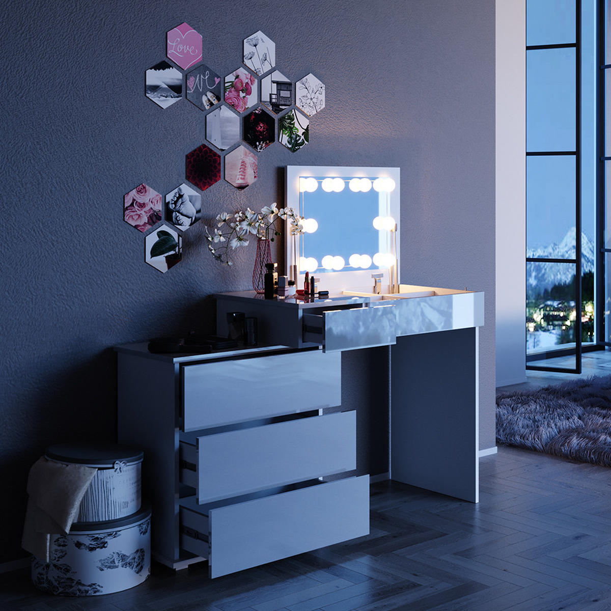 SCHMINKTISCH Lotos Weiß 117.4 cm mit LED Beleuchtung - Weiß, Holzwerkstoff (117.4/78/45cm) - Vicco